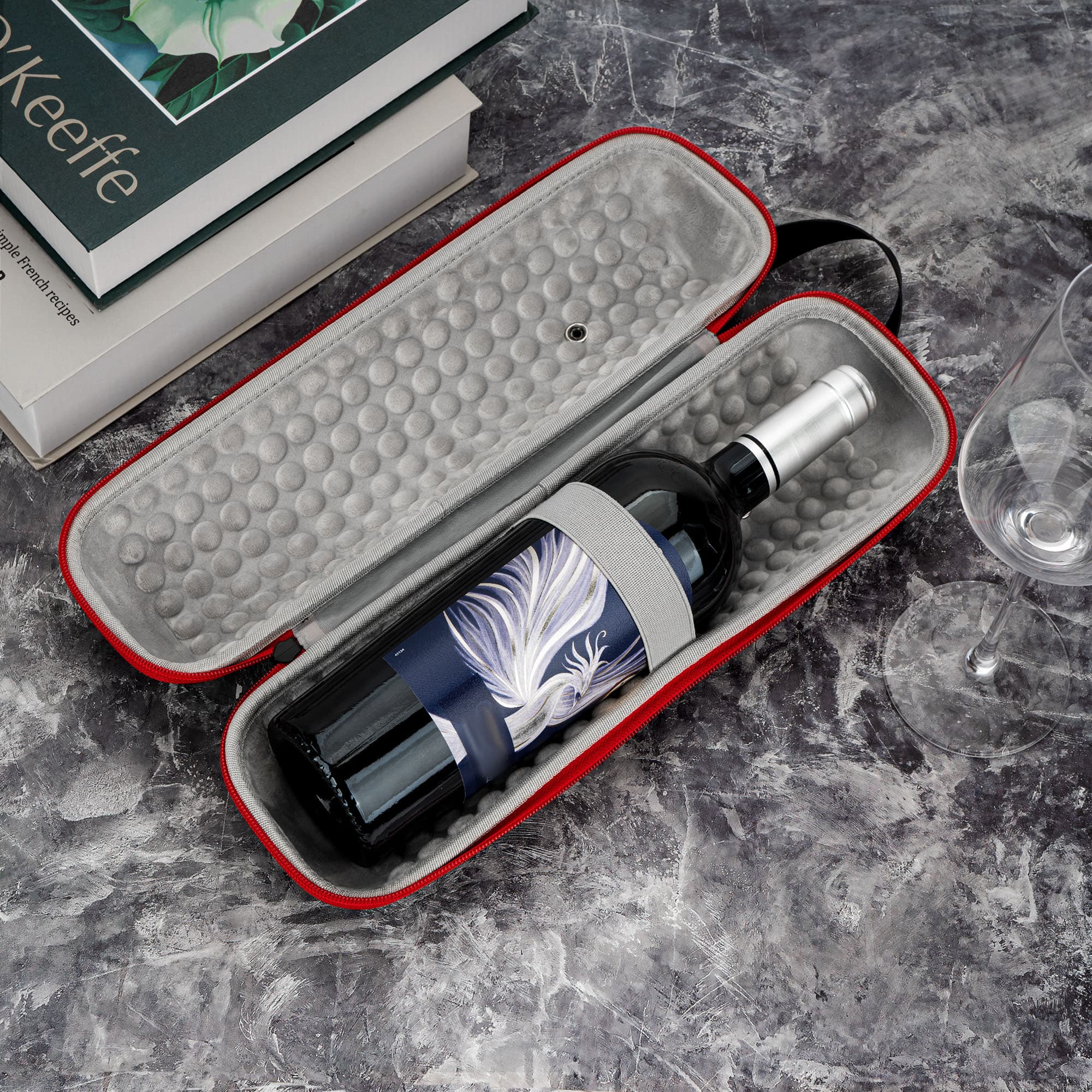JANKINGS EVA Hard Shell Single Wine Bottle Travel Case, PU Carrying Bag with Handle, Shock-Absorbing Lining, Fits Most 750 ml Bottles, Black with Red Zipper, 1 Pack - 4