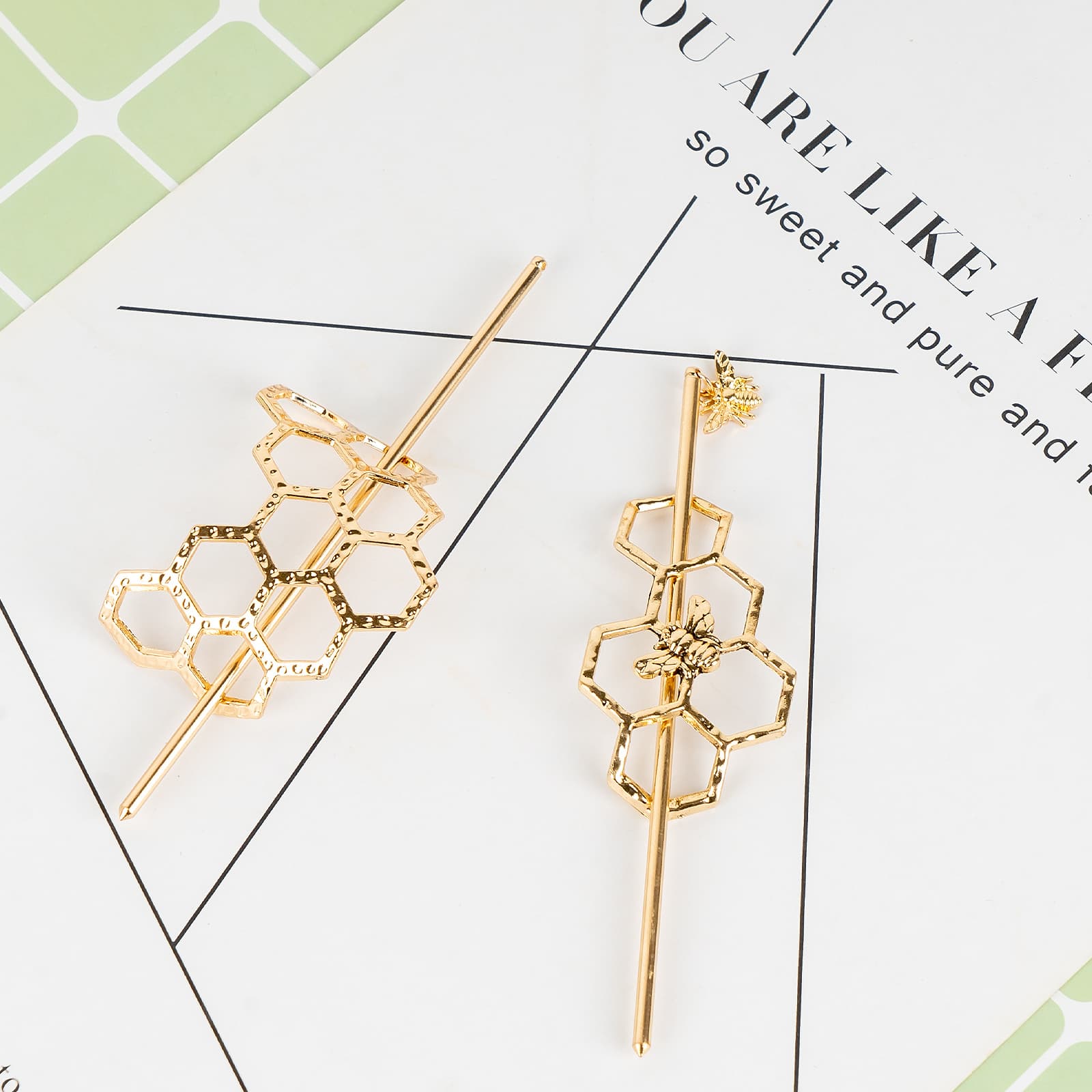CAIRIAC Honeycomb Hair Clips Slide Hairpins Minimalist Bee Hair Barrette Bun Hair Pins Metal Hair Slide with Stick Creative Hair Accessories for Women Girls Gifts (Golden) - 6