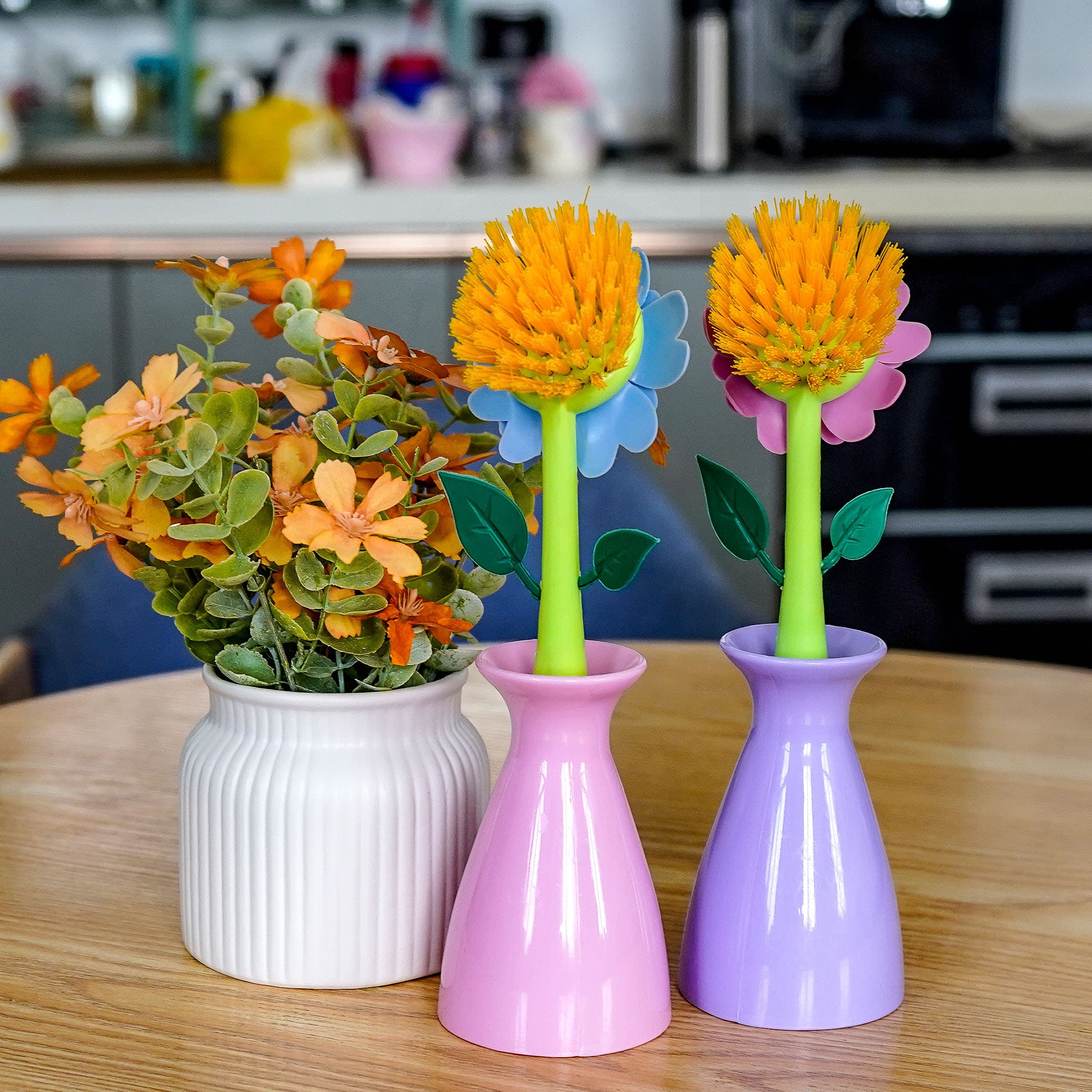 JANKOW Long Handle Flower Pot Brush, Florganic Dish Brush with Vase, Long Handle Dish Brush Kitchen, for Cleaning Pot Pan Sink Kitchen Supplies Decorative Vase (2 Pcs) (Purple/Pink) - 2