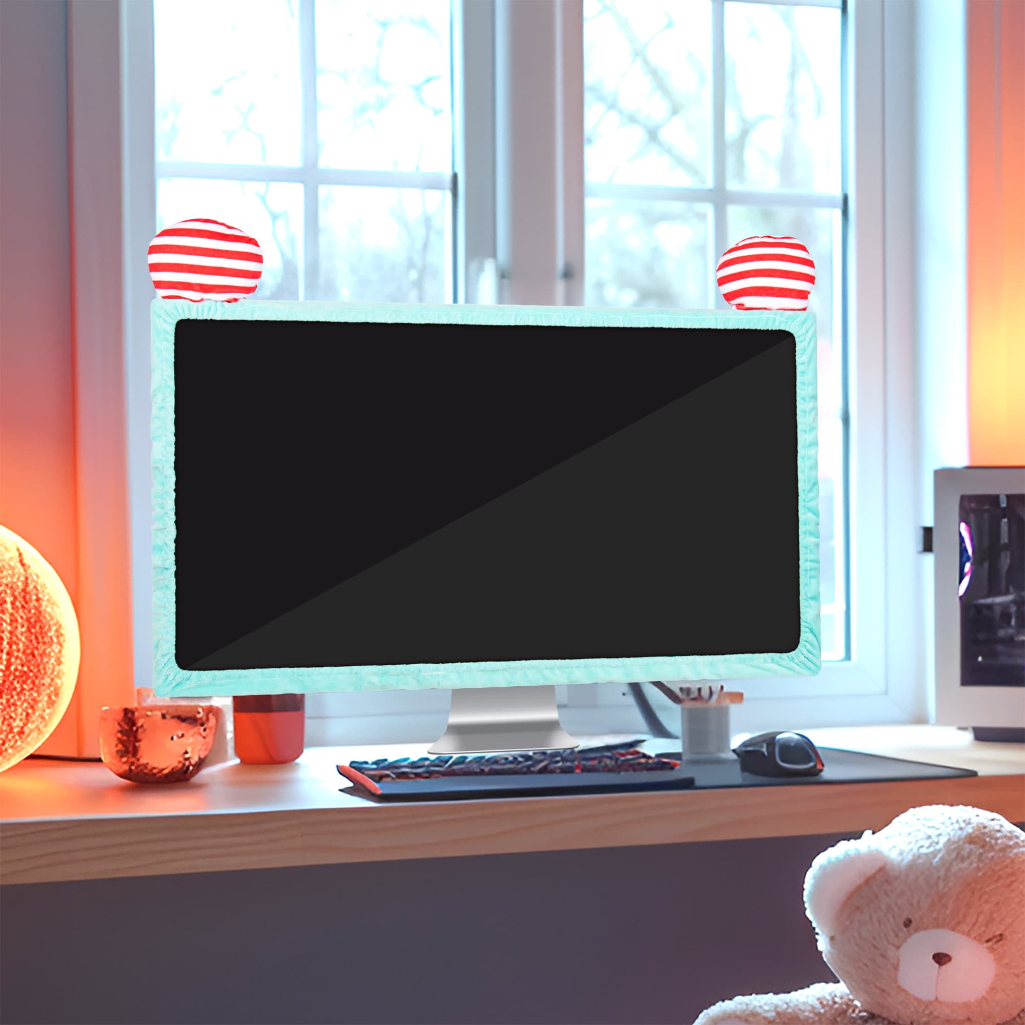 27"-34" Lovely Cute Computer Monitor Cover with Cute Striped Design, Kawaii Display Dust Cover with Furry Design, Elastic Dustproof, Suitable for PC, Tablet, TV, LCD (Green) - 5