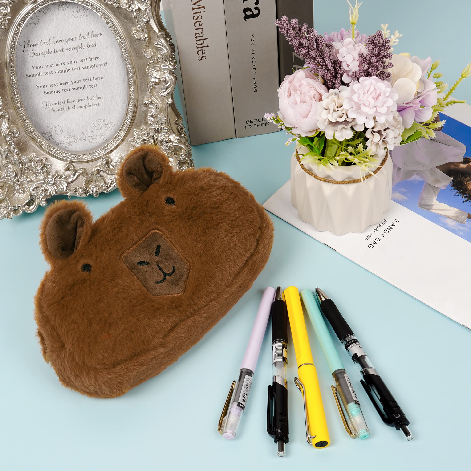 JANKOW Cute Capybara Plush Pencil Case, Sleepy-Eyes Brown Animal Pen & Marker Pouch, 1-Pack - 5