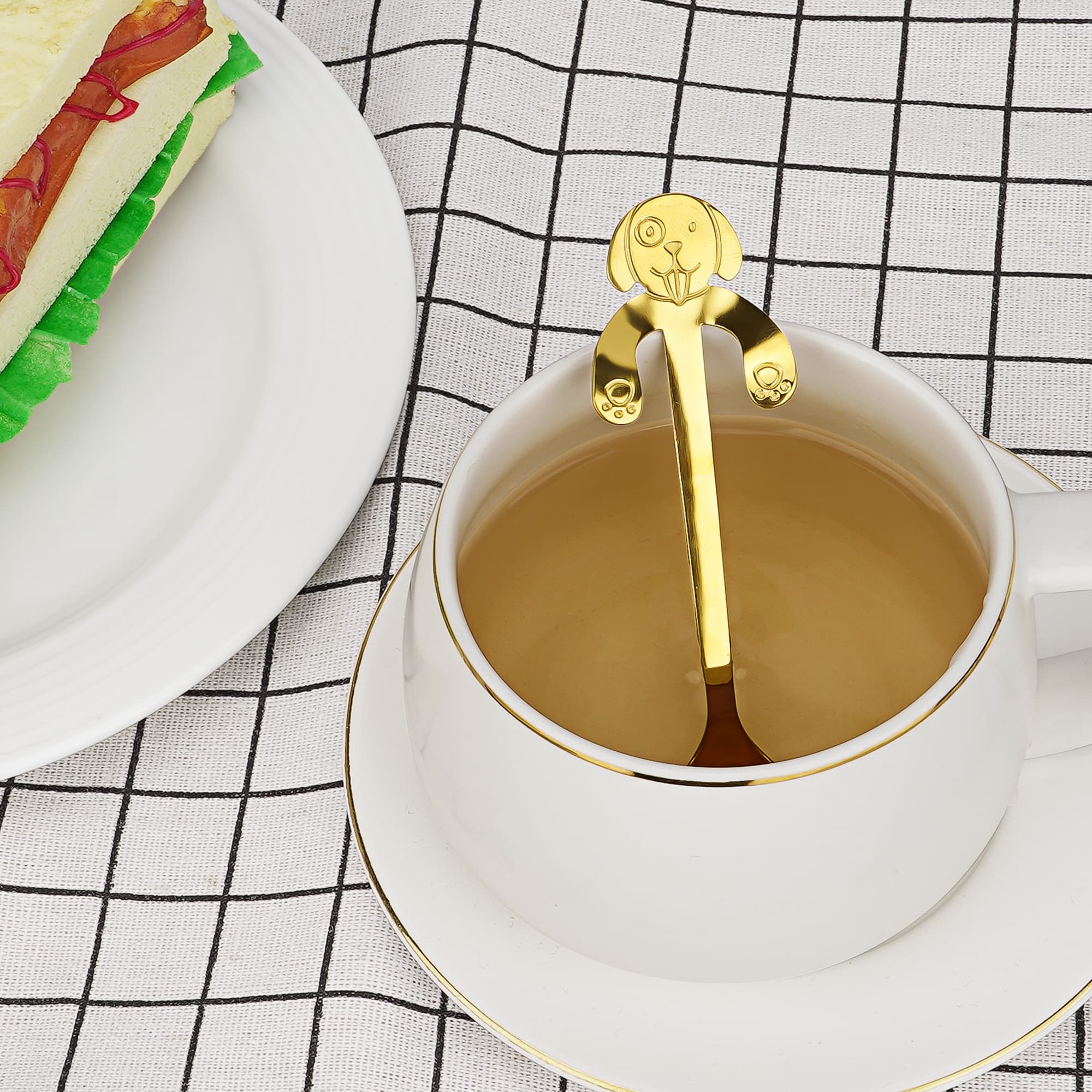 JANKOW 4 Pcs 304 Stainless Steel Dessert Dog Spoon, Dog Coffee Spoon, Stainless Steel Hanging Stirring Desserts Drink Spoons for Coffee, Tea, Dessert (Golden) - 4