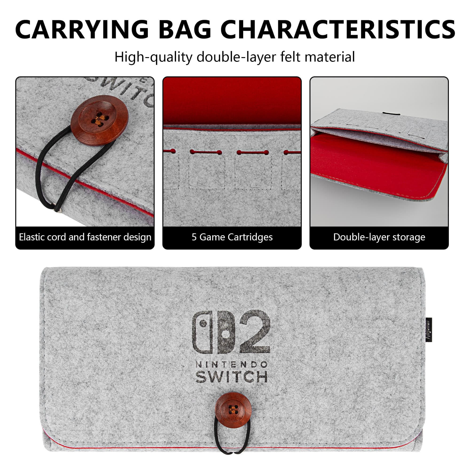 Felt Carrying Bag Compatibility with 2025 Switch 2, Double-mouth Portable Travel Bag Ultra Slim Felt Pouch with 5 Game Cartridges Holders for Switch 2 - Light gray - 2