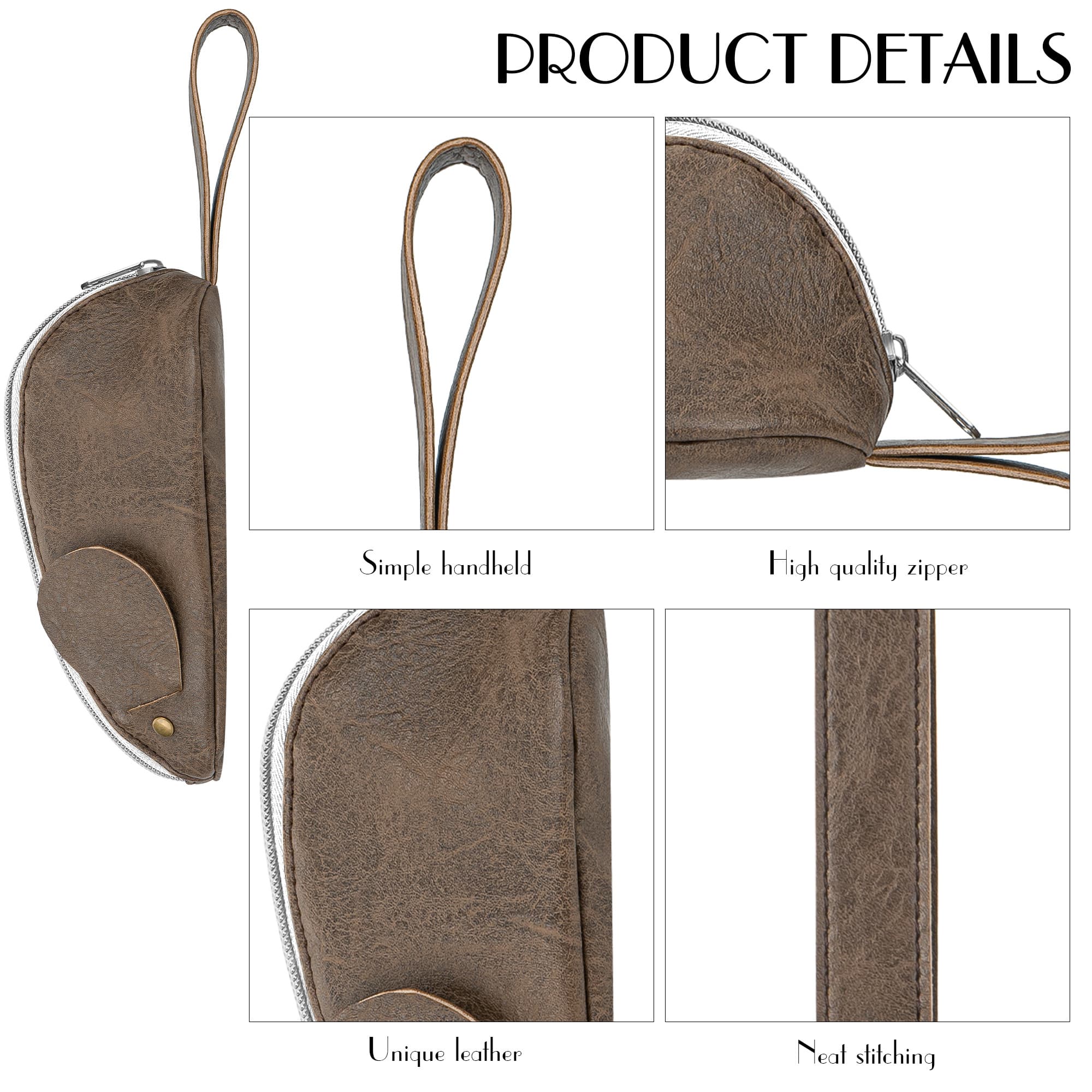 JANKINGS Custom Mouse Pencil Case, PU Leather Zipper Pen Pouch with Wrist Strap Tail, Brown, 1-Pack - 2