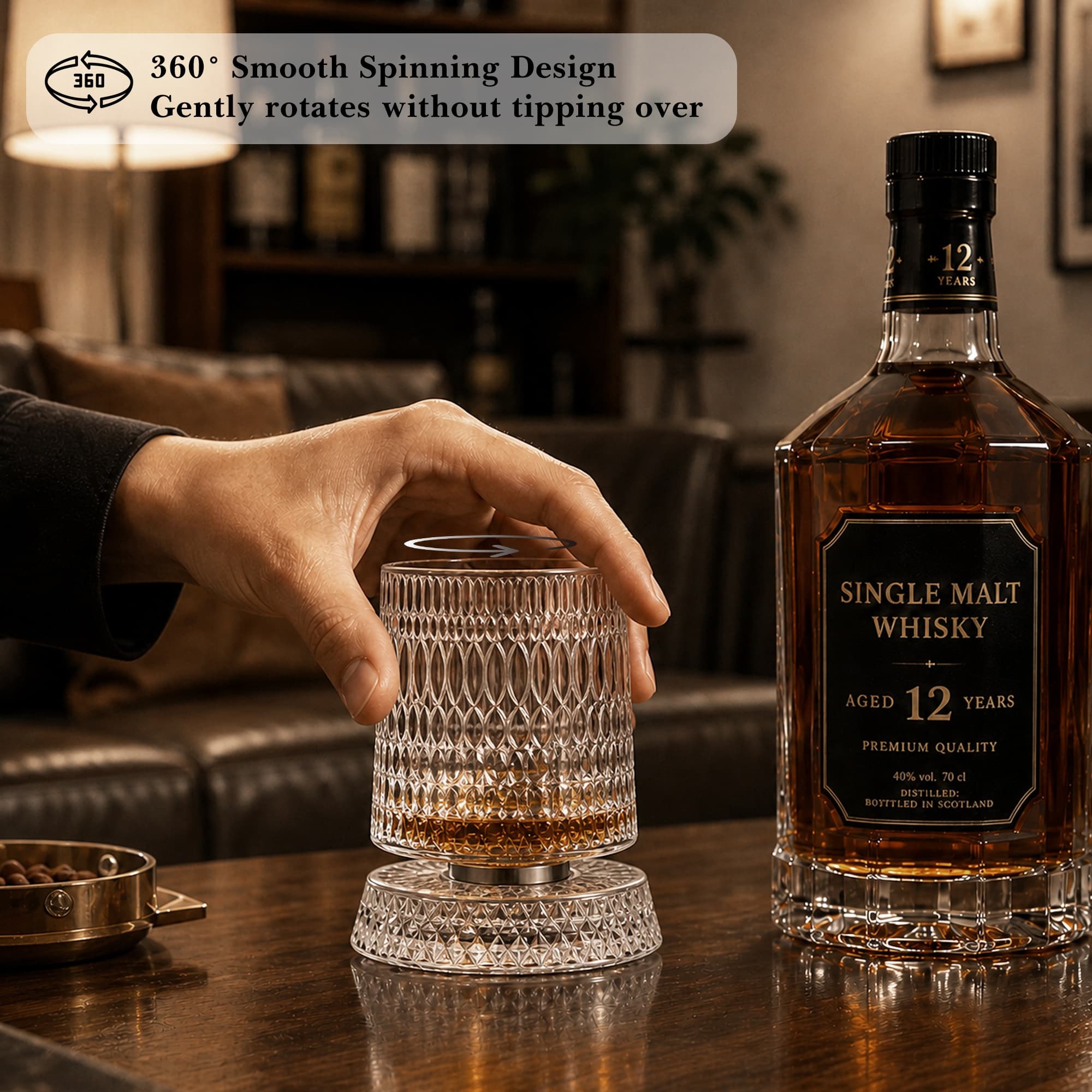ReignSword Rotating Crystal Whiskey Glass Set, 9oz Spinning Old Fashioned Tumbler with Engraved Design, Stress Relief Cocktail Cup for Men Home Bar (Teardrop) - 5