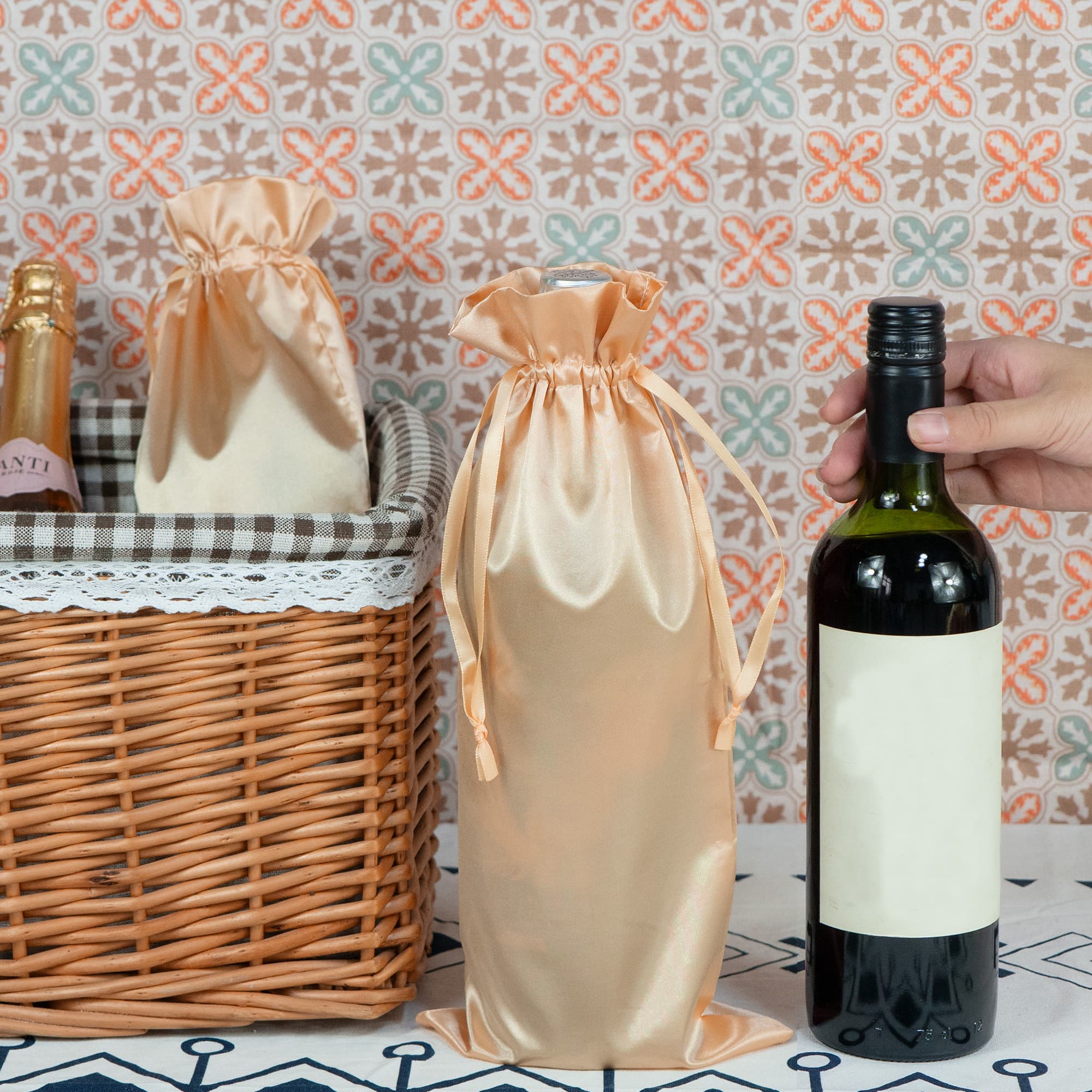 JANKINGS Wine Bottle Gift Bag, Reusable Silk Wine Gift Bags with Drawstrings, Champagne Bags Carrier for Birthday, Wedding, Party (12Pcs Golden) - 3