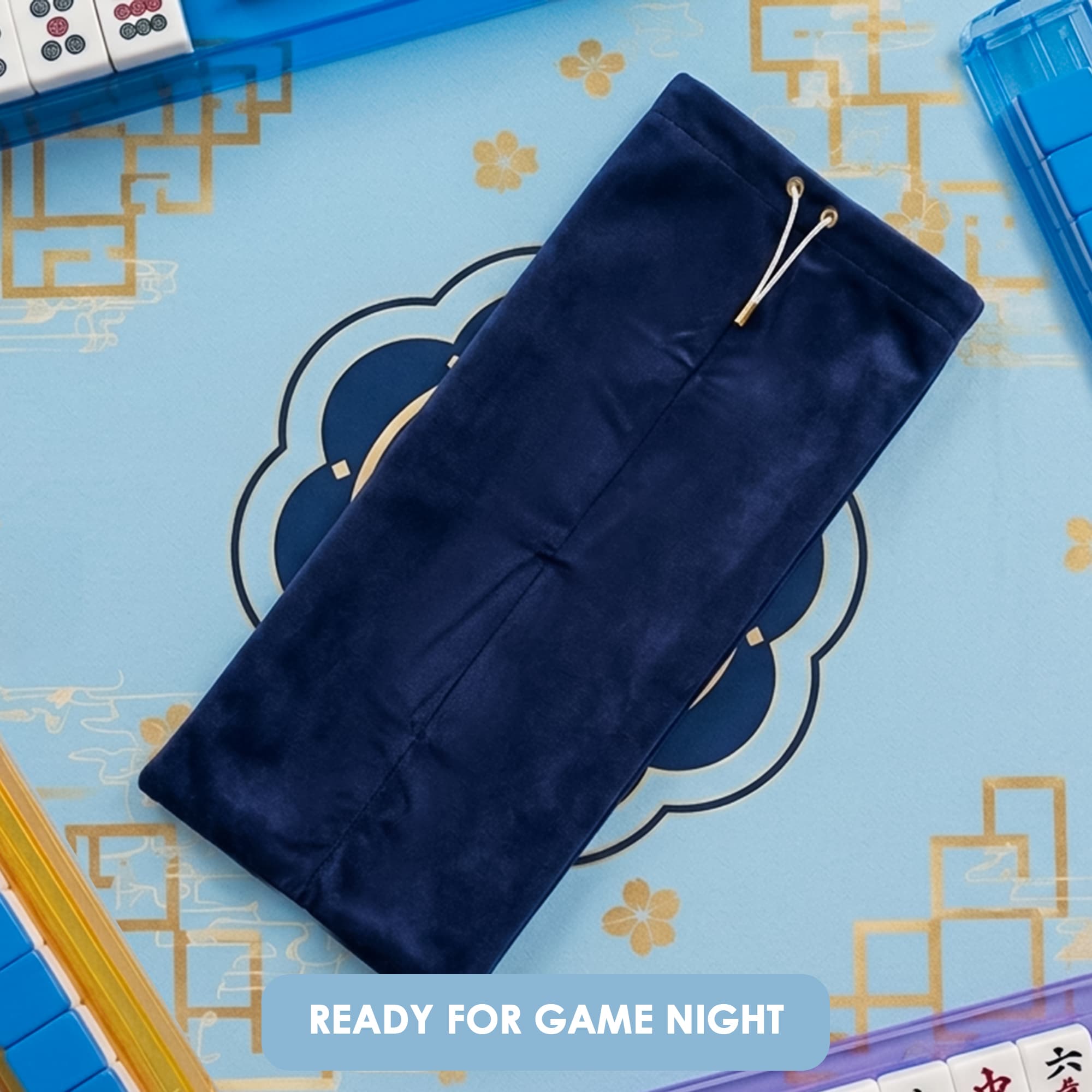 ReignSword Velvet Mahjong Rack Storage Bag, 22x9.5 Inch Drawstring Pouch, 2-Compartment Organizer for 4 Mahjong Racks & Pushers, Protective Holder for Mah Jongg Accessory (Blue) - 5