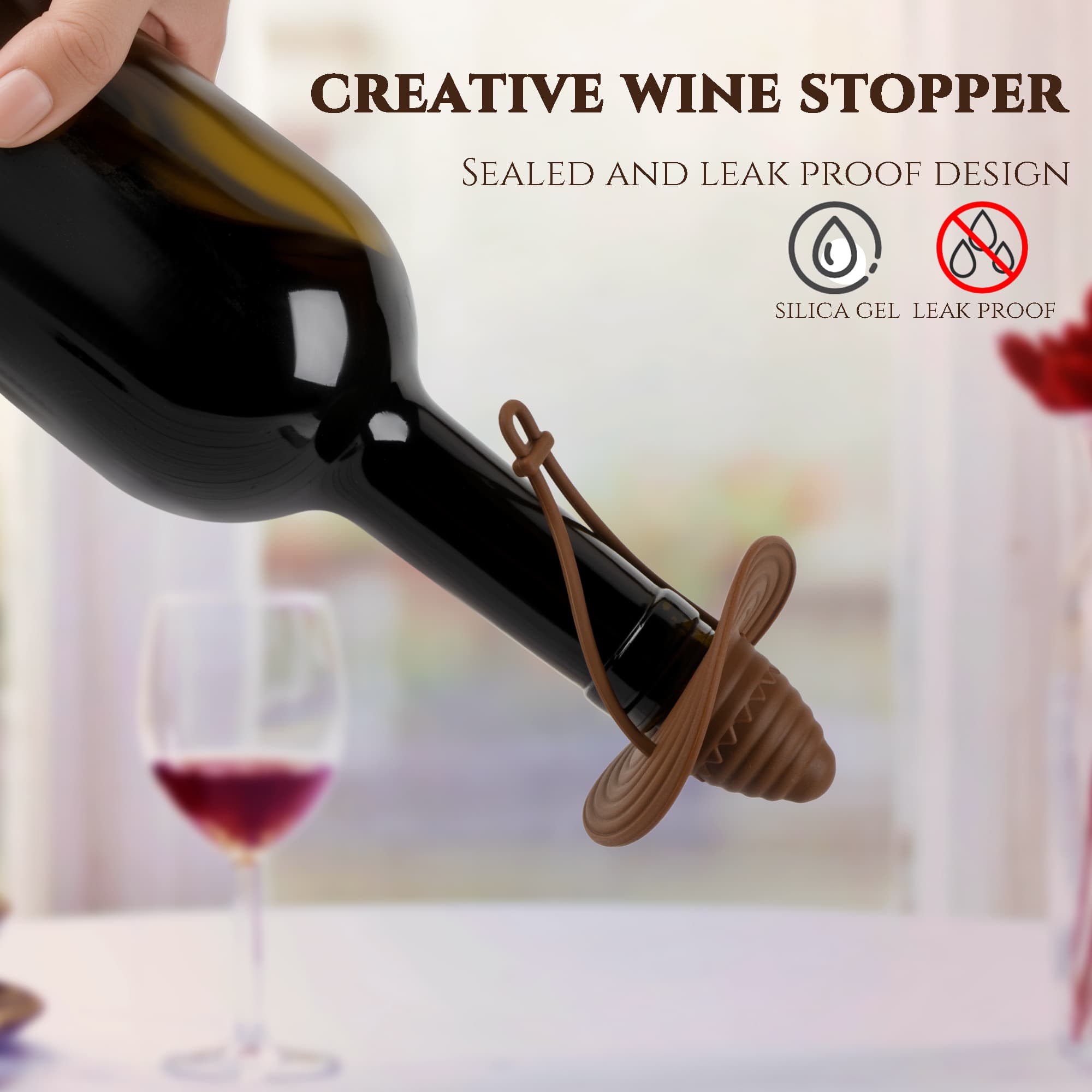JANKOW  Silicone Wine Stopper, Cowboy Hat Wines Bottle Stopper, Wines Bottle Sealing Plug, Leak Proof Bottles Cap Sealer, for Beer Champagne Whiskey to Keep Wine Fresh(2Pcs Brown) - 2