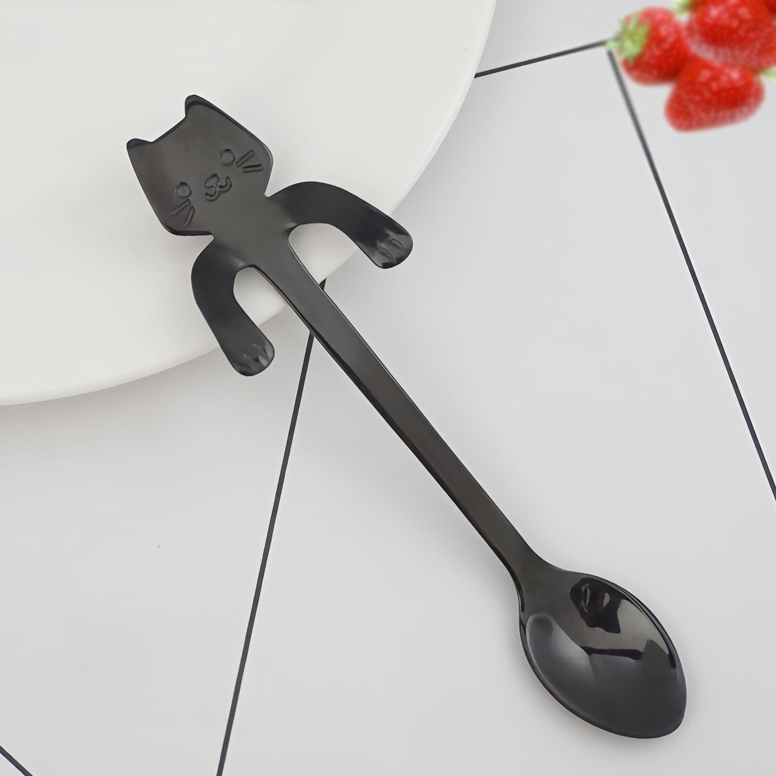JANKOW 4PCs Cat Spoon Coffee Teaspoon, Stainless Steel Hanging Cup Tea Spoon, Dessert Scoop for Stirring Drink, Mixing Milkshake Jam, Set of 4 (Black) for Tea, Coffee, Dessert, Sugar, Ice Cream - 2