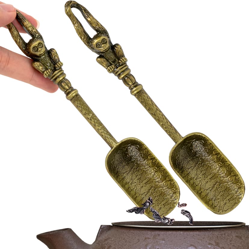 JANKINGS Vintage Bronze Monkey Tea Scoop, Zinc Alloy Loose Leaf Tea Measuring Spoon, Set of 2