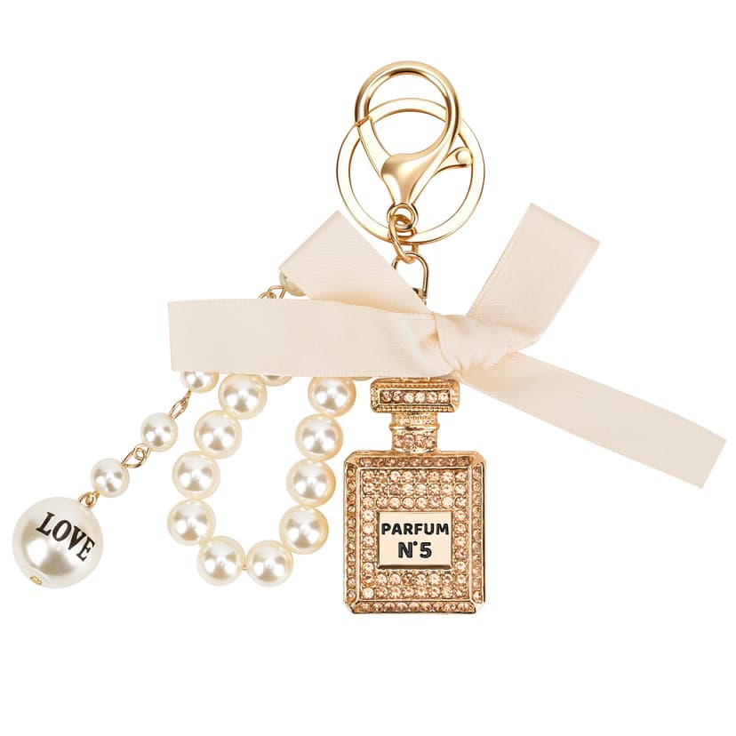 ReignSword Pearl Bow Perfume Purse Keychain for Women, Elegant Crystal Perfume Bottle Key Ring, Bling Car Key Chain & Handbag Charm (Champagne)