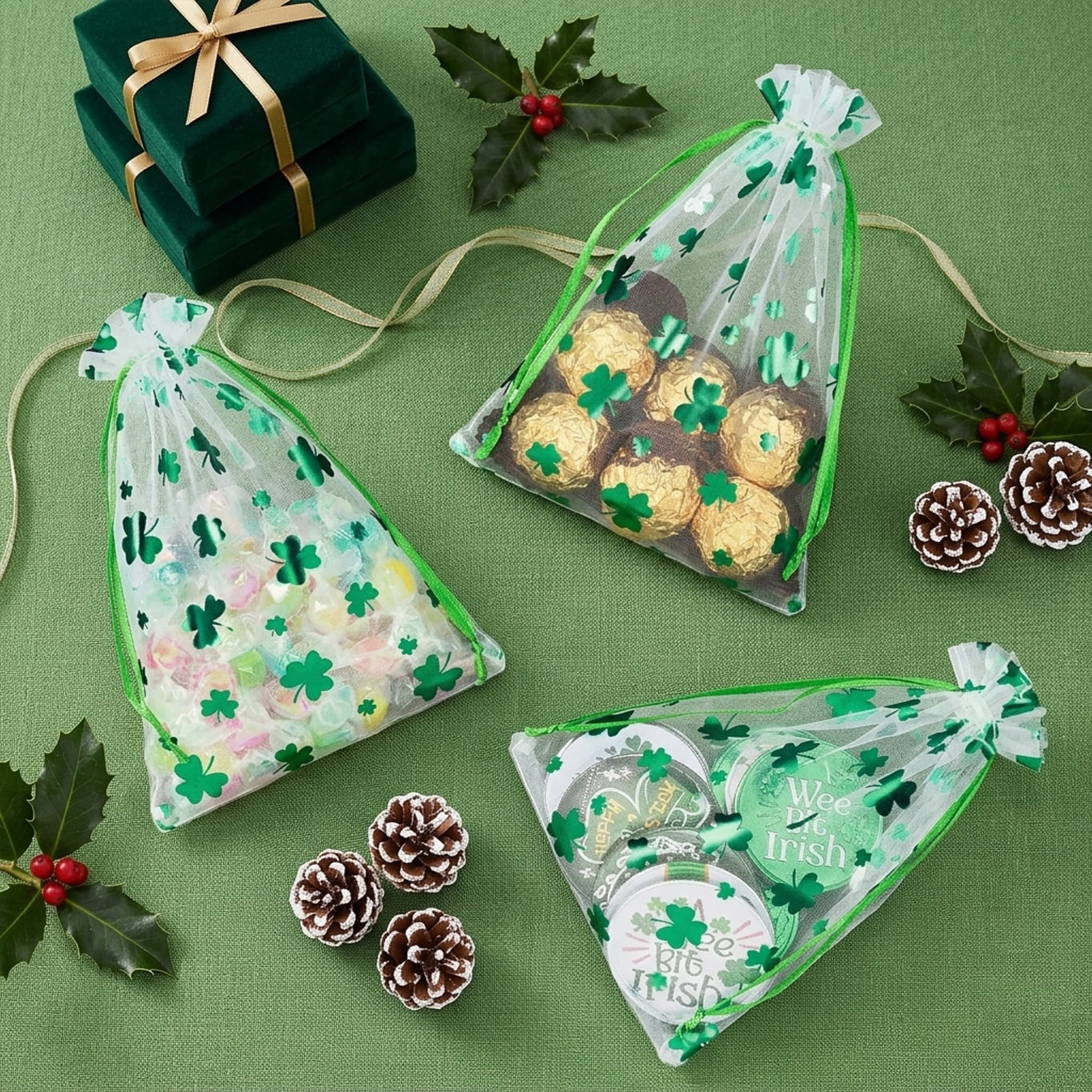 ReignSword 50 Pcs St. Patrick's Day Organza Gift Bags, Shamrock Clover Green Drawstring Mesh Treat Pouches, Goodie Bag for Party Favors, Candy, Jewelry (7 x 5 Inch) - 3
