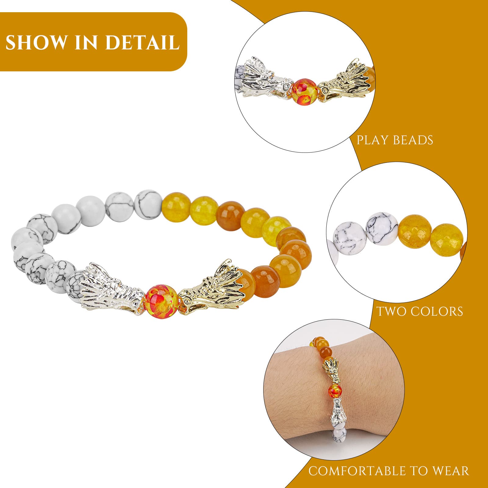 JANKOW Lava Stone & White Turquoise Two-Tone Yellow Crystal Dragon Head Stretch Strand Bracelet, White/Yellow, Unisex - 2