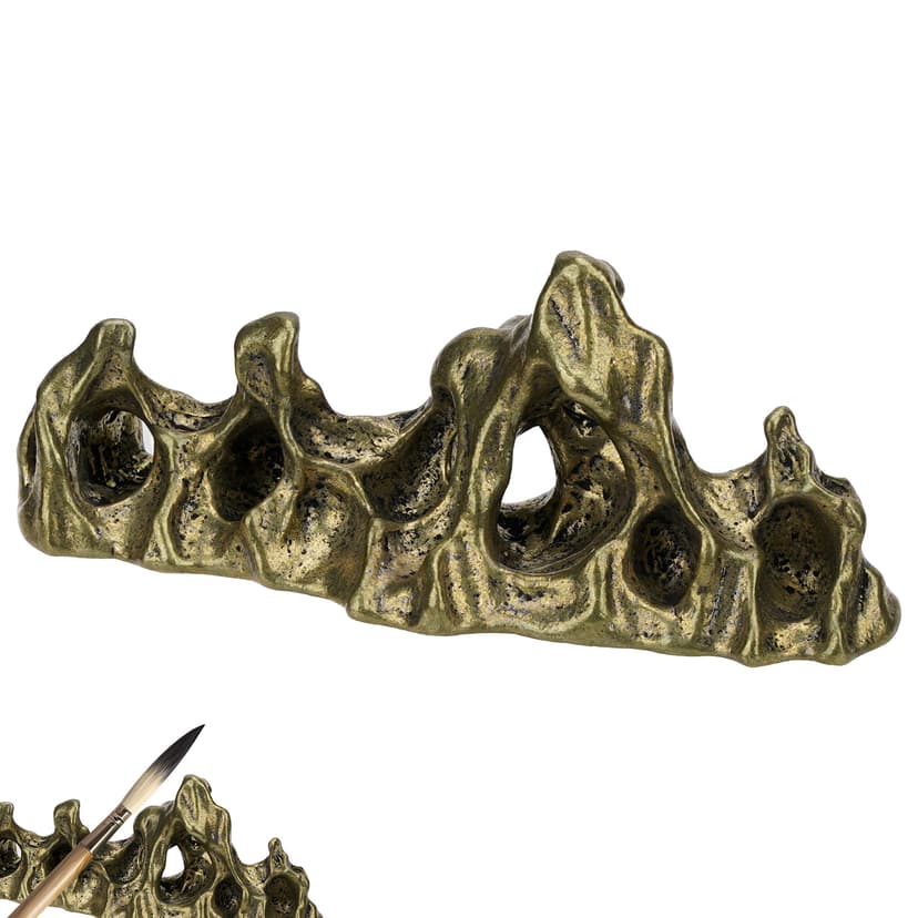 JANKOW Brass-Style Rockery Pen Rest and Paperweight, Metal Desk Pen Holder for Fountain Pens & Calligraphy Brushes, Yellow Gold Finish, 1-Pack