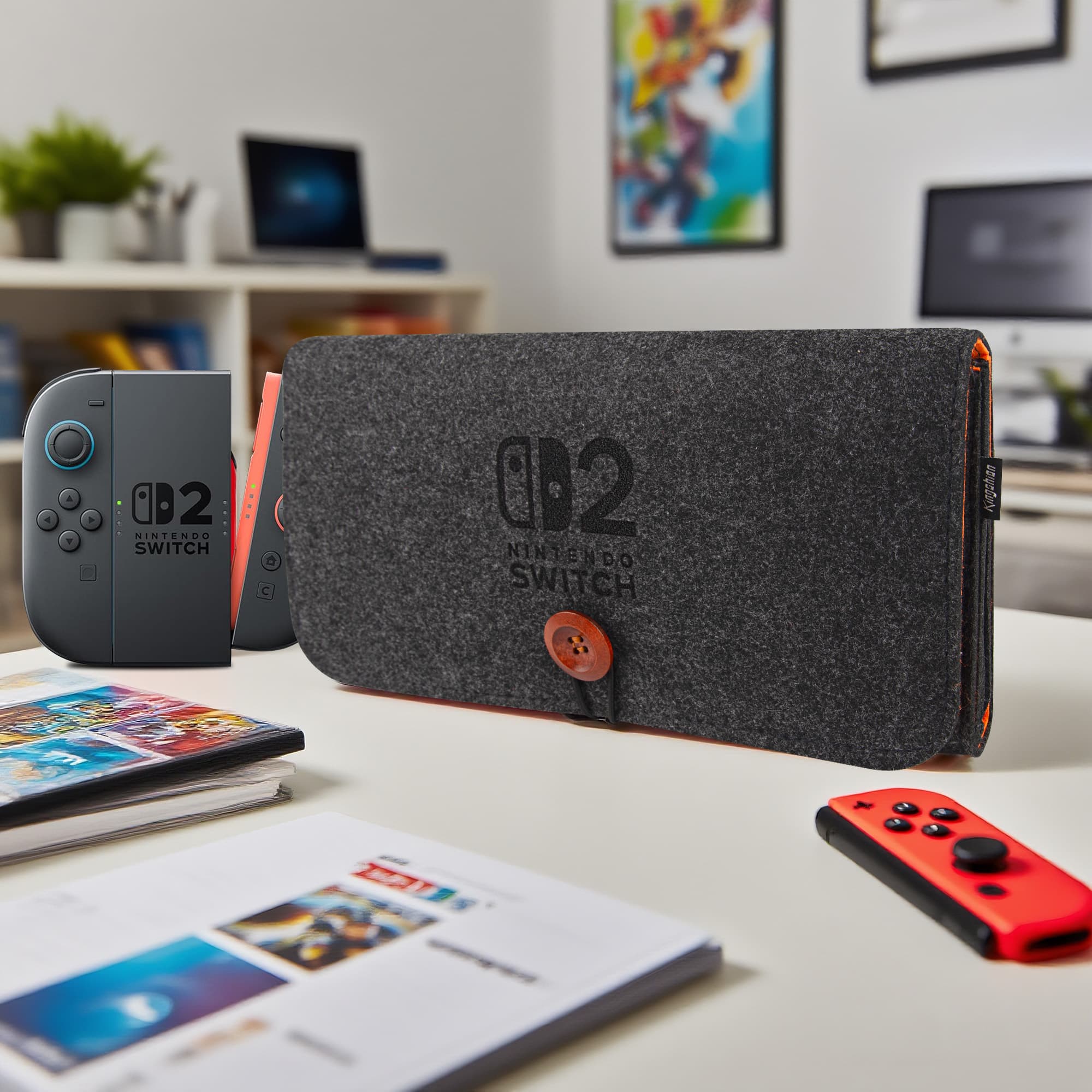 Felt Carrying Bag Compatibility with 2025 Switch 2, Double-mouth Portable Travel Bag Ultra Slim Felt Pouch with 5 Game Cartridges Holders for Switch 2 - Dark grey - 5