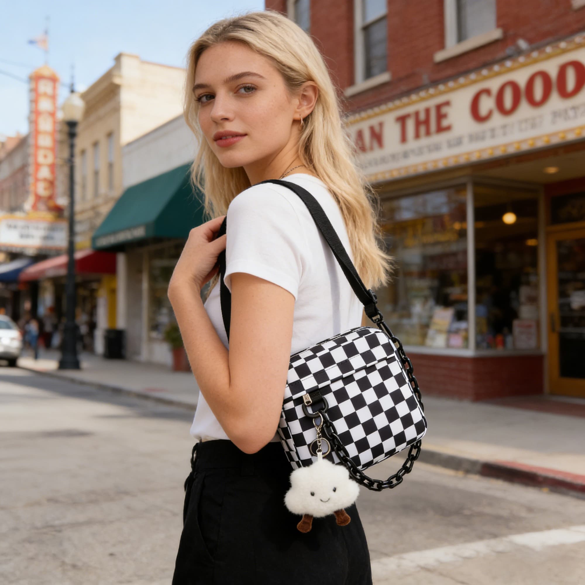 ReignSword Small Crossbody Messenger Bag for Women Men, Cute Nylon Shoulder Purse Bag with Detachable White Cloud Pendant, Checkered - 4
