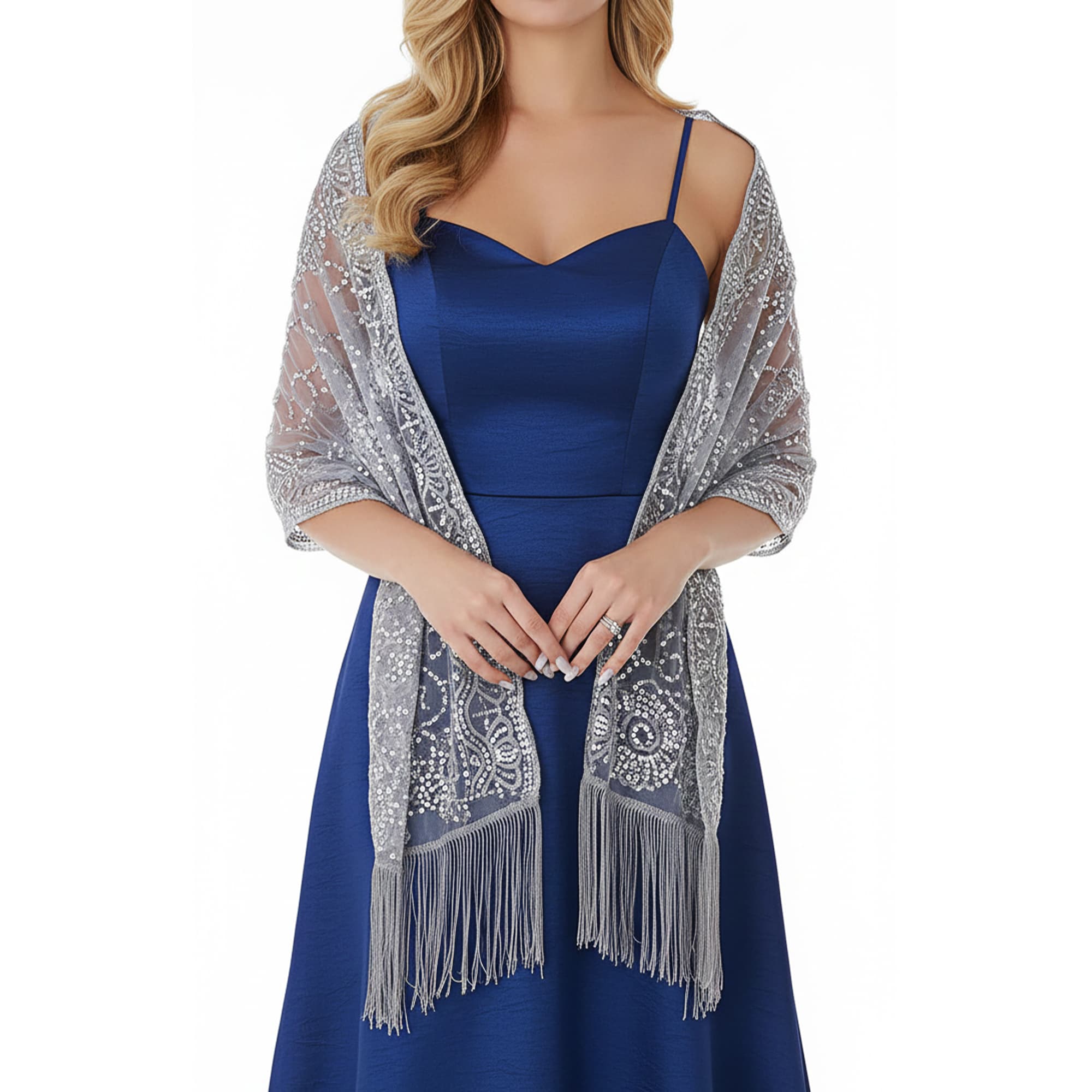 ReignSword Women Sheer Shawls with Floral Sequin Design for Evening Dresses, Elegant Wedding Bridal Lace Scarf, Formal Party Dress Cover with Tassels (Silver) - 9