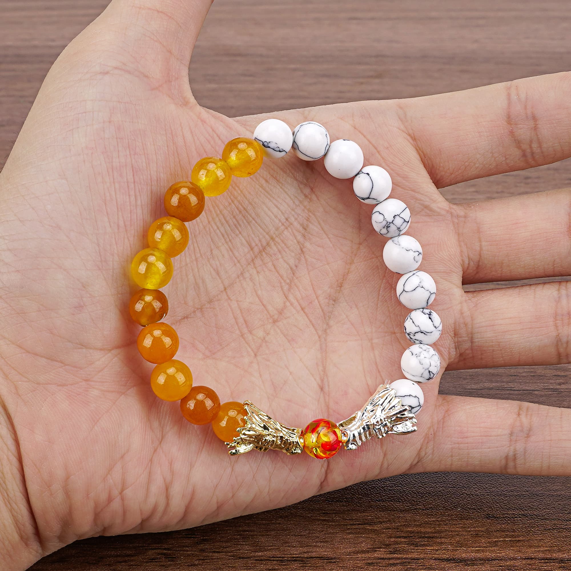 JANKOW Lava Stone & White Turquoise Two-Tone Yellow Crystal Dragon Head Stretch Strand Bracelet, White/Yellow, Unisex - 5