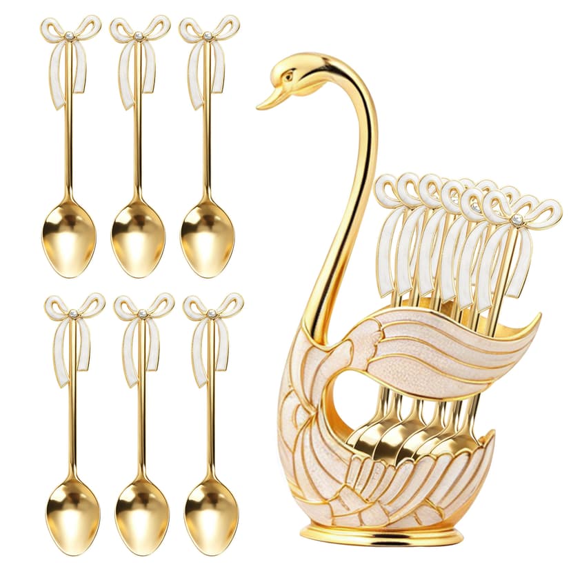 CAIRIAC Coffee Dessert Spoon Set, Swan Base Holder Spoon, 6-Piece Dessert Spoon Set, for Coffee, Fruits, Desserts, Exquisite Small Spoon Set Gift for Dessert Enthusiasts (Gold)