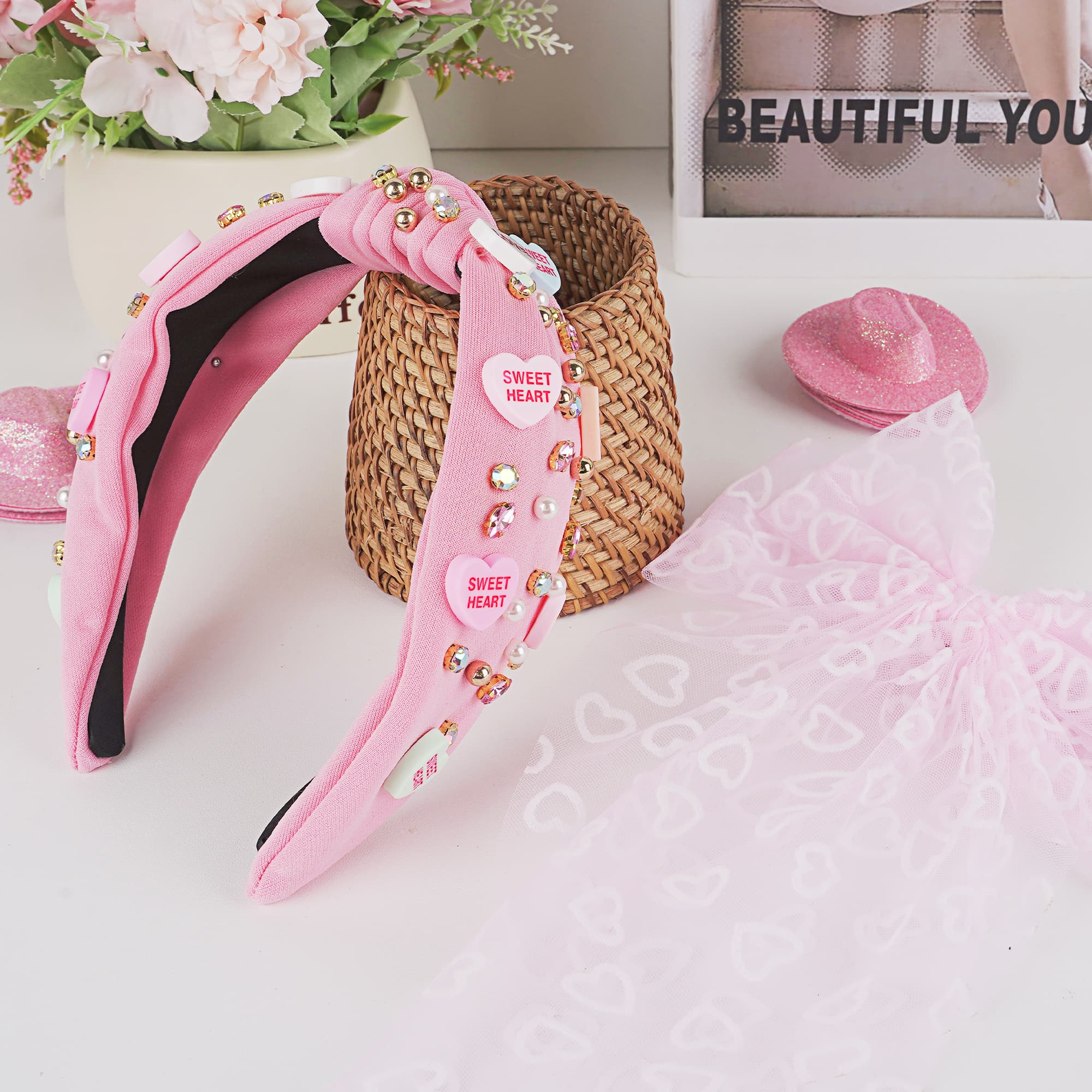 ReignSword Valentine's Day Hair Accessories Set for Women Girls, Crystal Knotted Headband with Long Tail Mesh Bow Hair Clip, Pink Fashion Party Wedding Birthday Gifts - 7