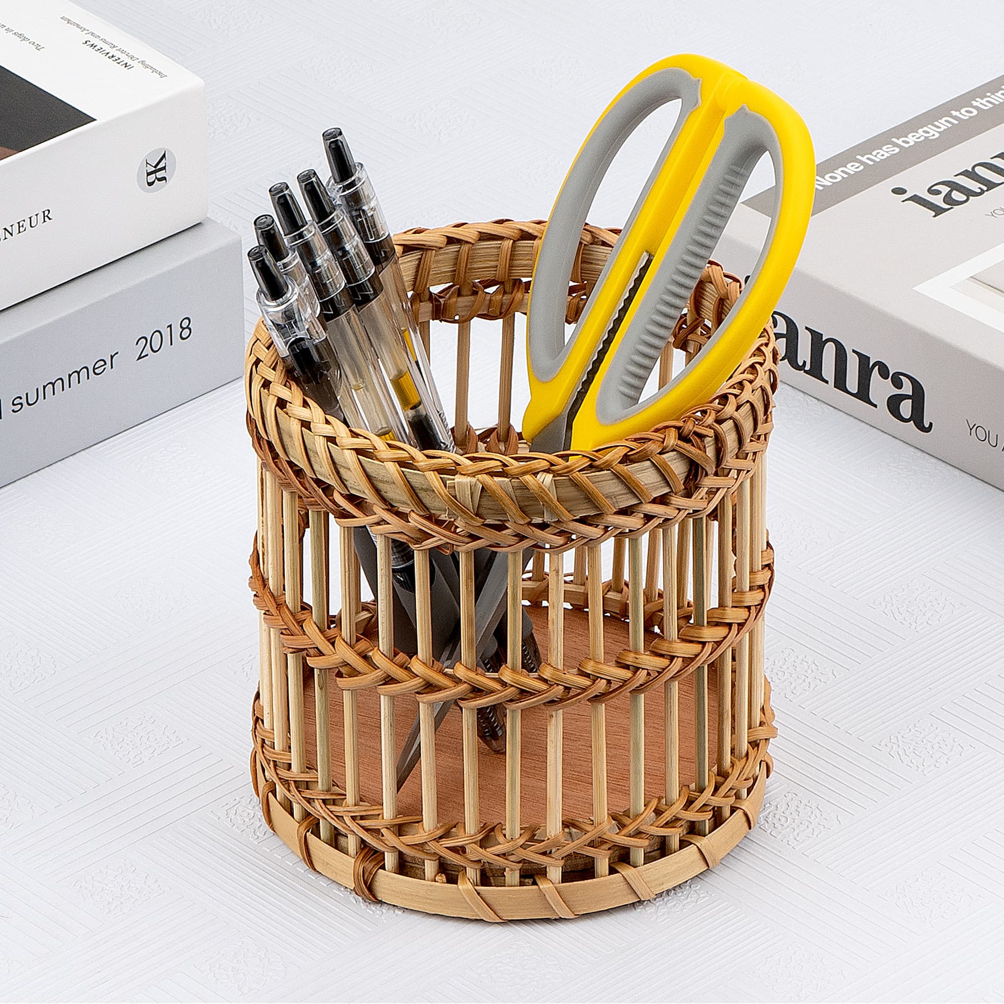 JANKINGS Woven Bamboo Pencil Holder, Large Vintage-Style Desk Pen Cup Organizer, Handwoven Vietnamese Bamboo, Rustic Brown, 1-Pack - 2