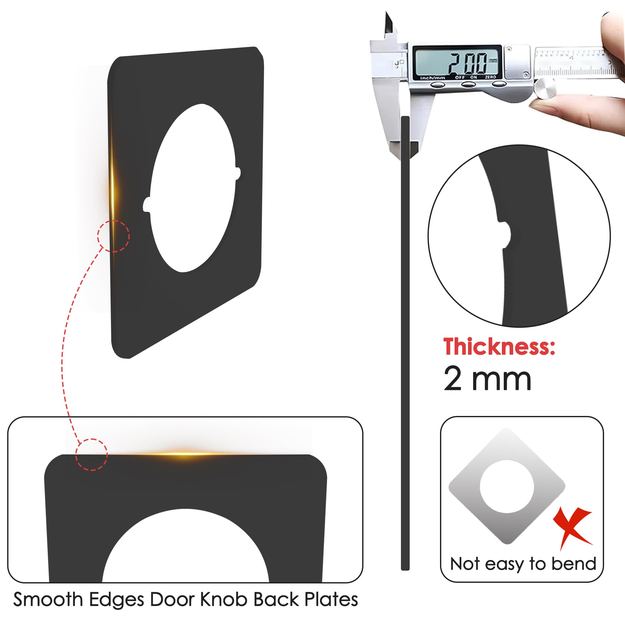 ReignSword Square Door Knob Plates, 2 Pcs No Drilling Door Lock Spacer Shim Backplate, Hardened Steel Reinforcement & Scar Plates for Standard Door Knob/Lever Lock/Deadbolt (Black) - 3