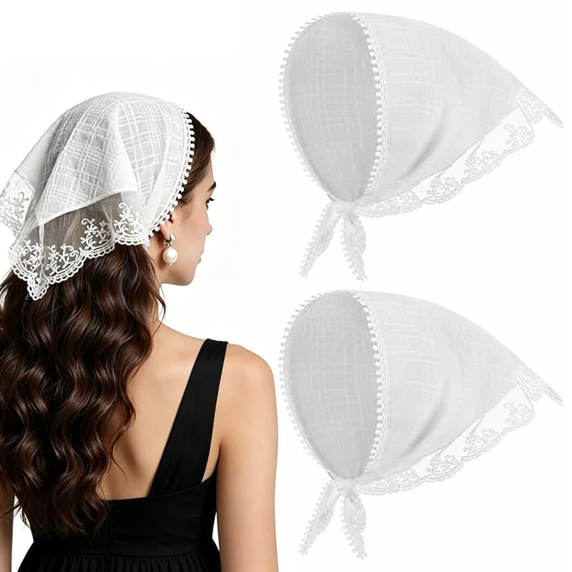 ReignSword 2-Pack Lace Trim Triangle Head Scarf, Soft Fiber Floral Embroidered Bandana Headwrap, Vintage Boho Cottagecore Head Kerchief for Women, Off White