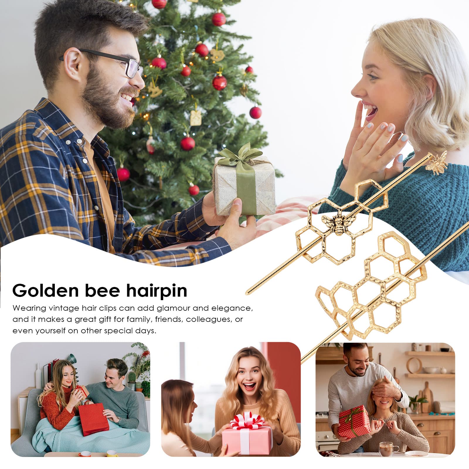 CAIRIAC Honeycomb Hair Clips Slide Hairpins Minimalist Bee Hair Barrette Bun Hair Pins Metal Hair Slide with Stick Creative Hair Accessories for Women Girls Gifts (Golden) - 5