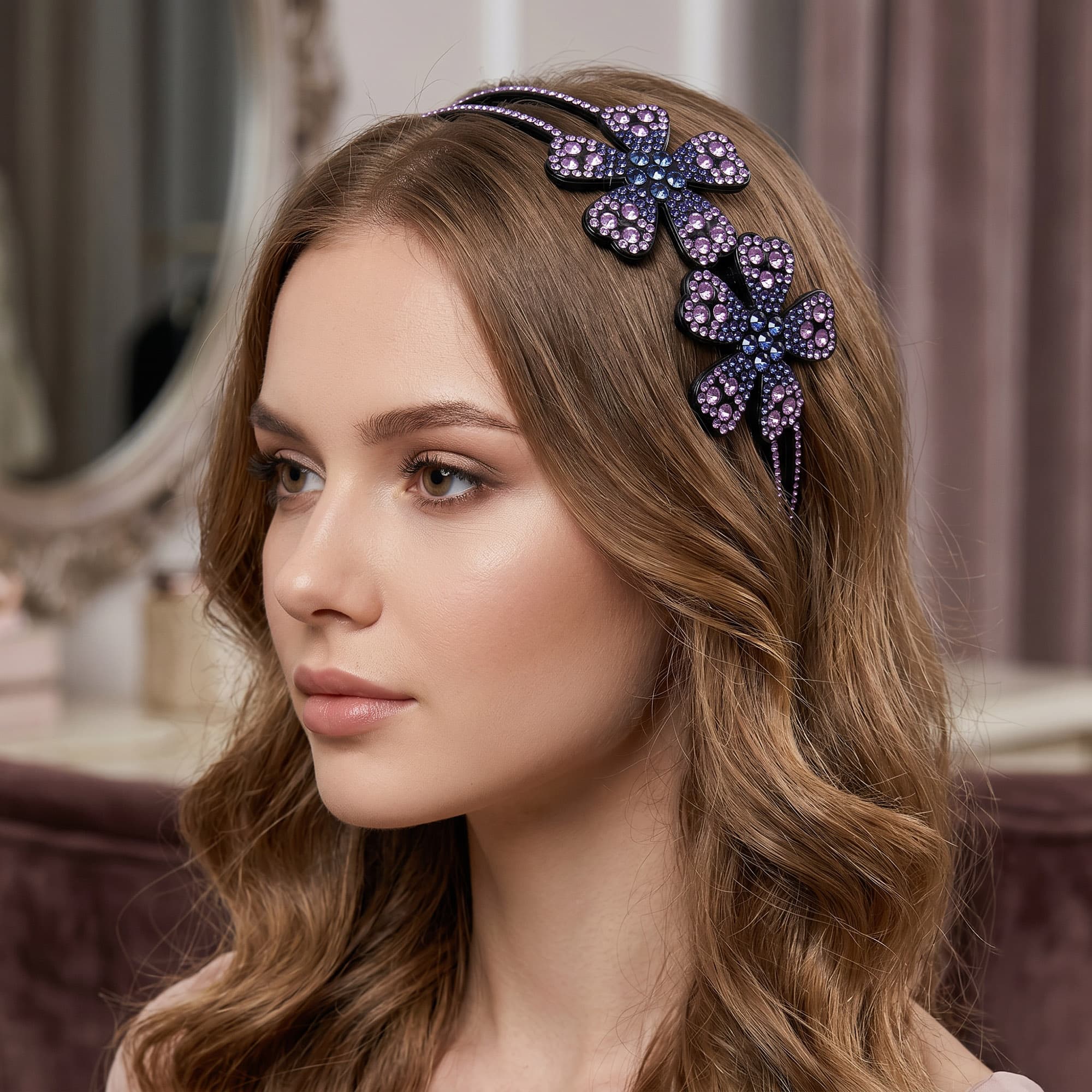 ReignSword 2 Pack Rhinestone Headbands for Women, Sparkly Crystal Bow & Flower Hair Bands, Non-Slip Plastic Hair Hoops for Daily Party (Purple) - 5