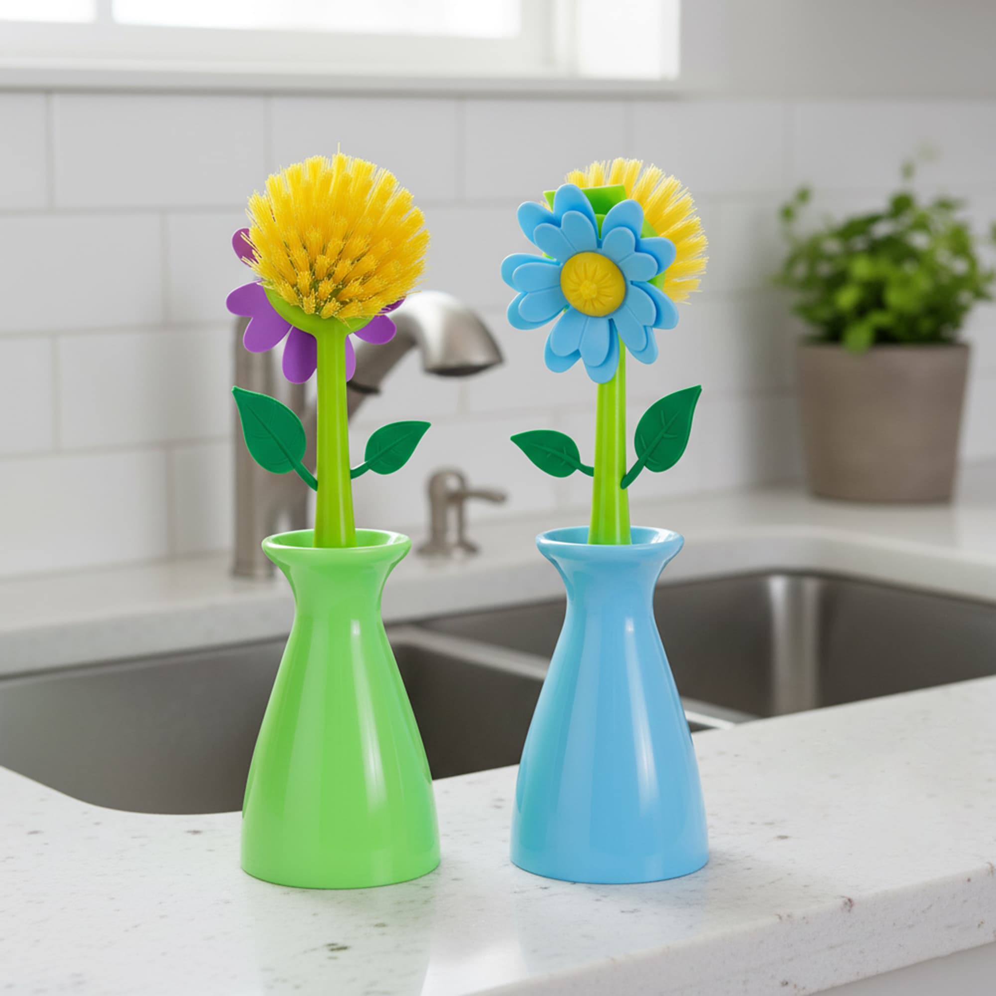 JANKOW Long Handle Vegetable And Fruit Brush, Florganic Dish Brush with Vase, Long Handle Dish Brush Kitchen, for Cleaning Pot Pan Sink Kitchen Supplies Decorative Vase (2 Pcs) (Green/Blue) - 3