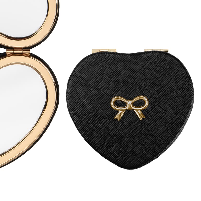CAIRIAC Compact Mirrors, Leather Folding Travel Mirror for Purse, Double Sided Handheld Mirrors, Portable Heart shape Makeup Gift for Girls Women Mothers (Black)