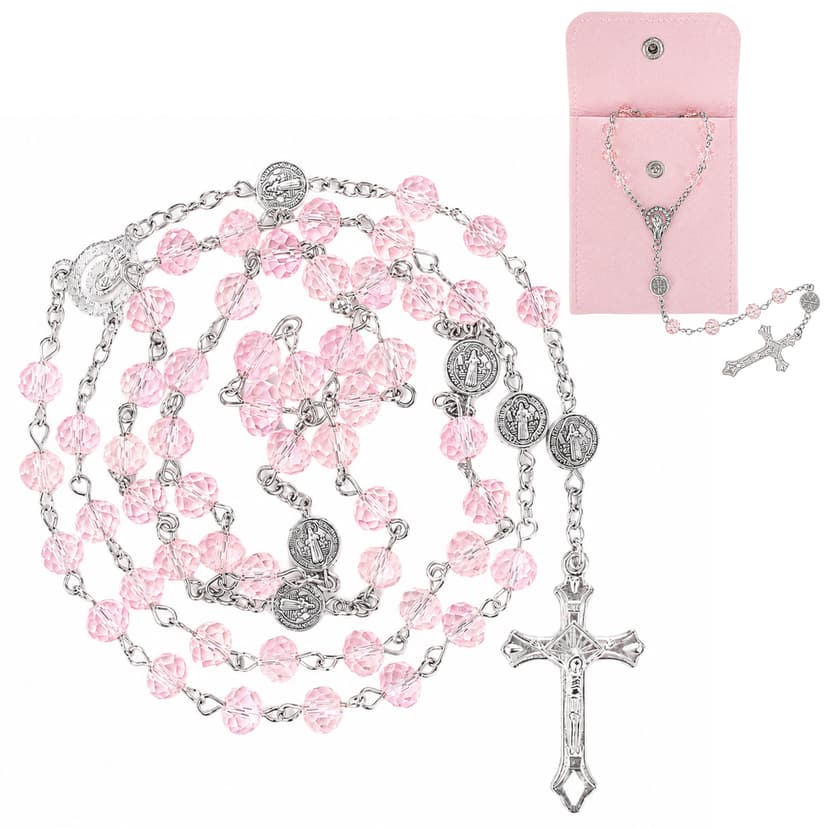 ReignSword Pink Crystal Rosary Necklace with Pink Velvet Pouch, Catholic Cross Beaded Necklace, Religious Jewelry Faith Gift for Women