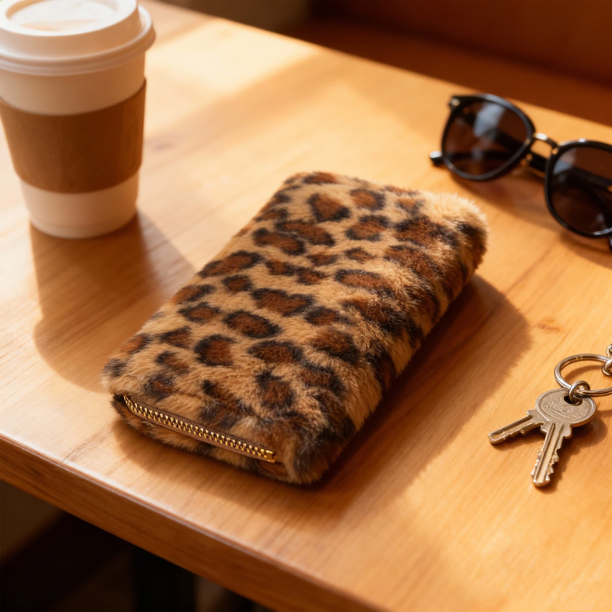 Leopard Print Fuzzy Clutch Wallet - Plush Faux Fur Handbag with 5 Bill Compartment, 8 Card Slots & Zipper Coin Pocket - 5