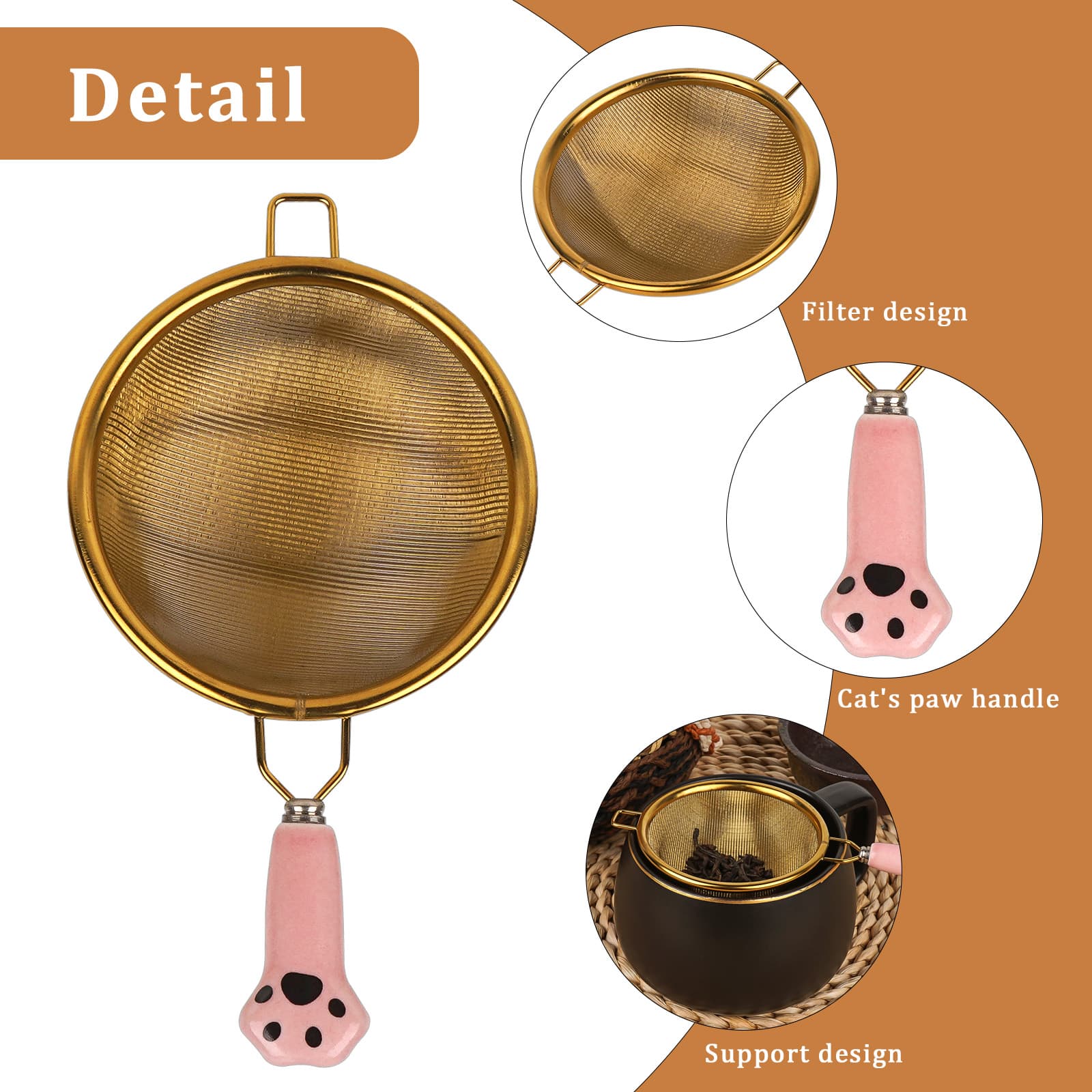JANKOW 304 Stainless Steel Cat Paw Tea Strainer, Pink Handle Fine Mesh Loose Leaf Tea Infuser, 1-Pack - 2