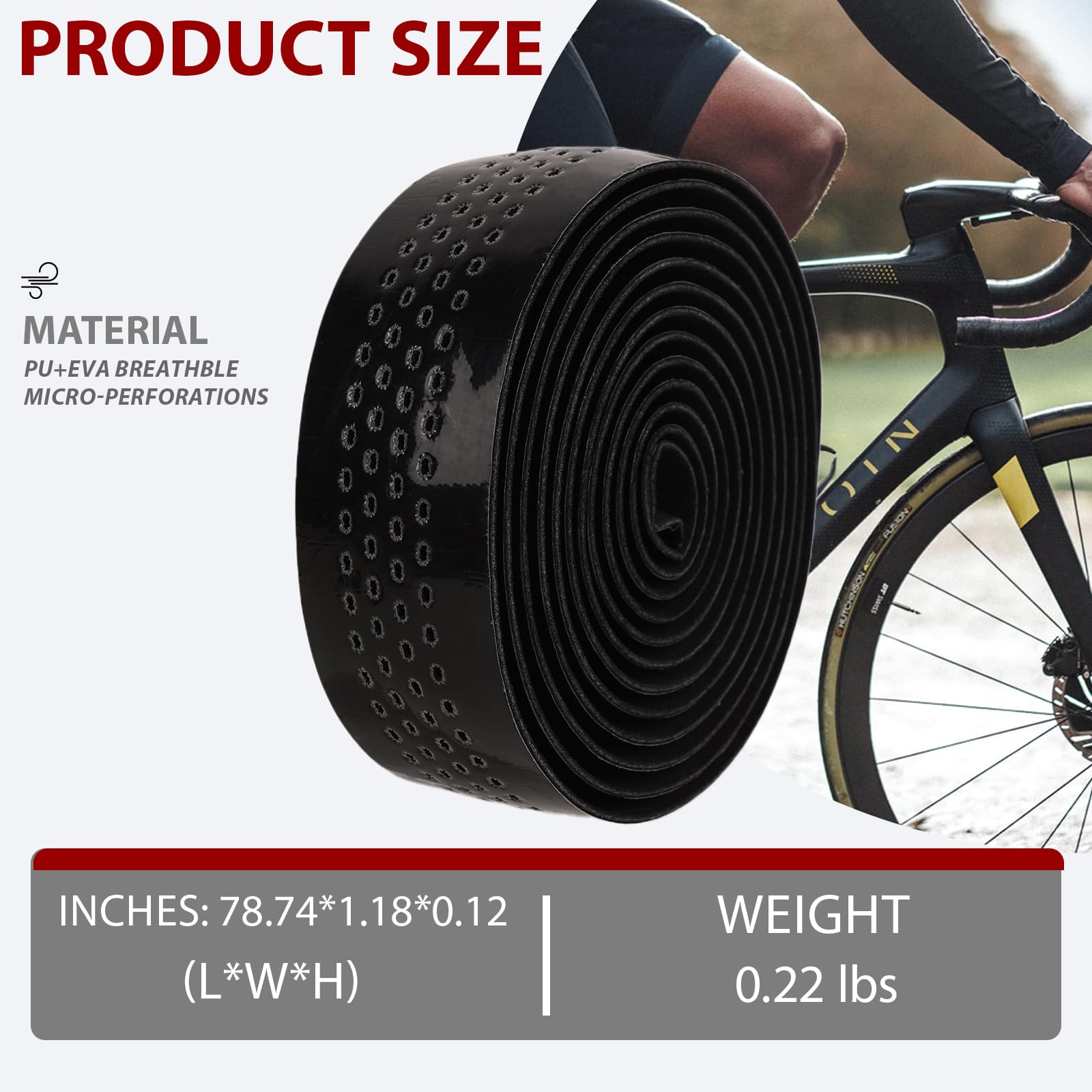 RidingRush Bike Grip Tape Road Bike Perforated PU – Anti-Slip Breathable Bar Tape for Road Bike, Shock Absorbing Bicycle Handlebar Wrap, Black Grip Tape for Cycling Comfort - 1