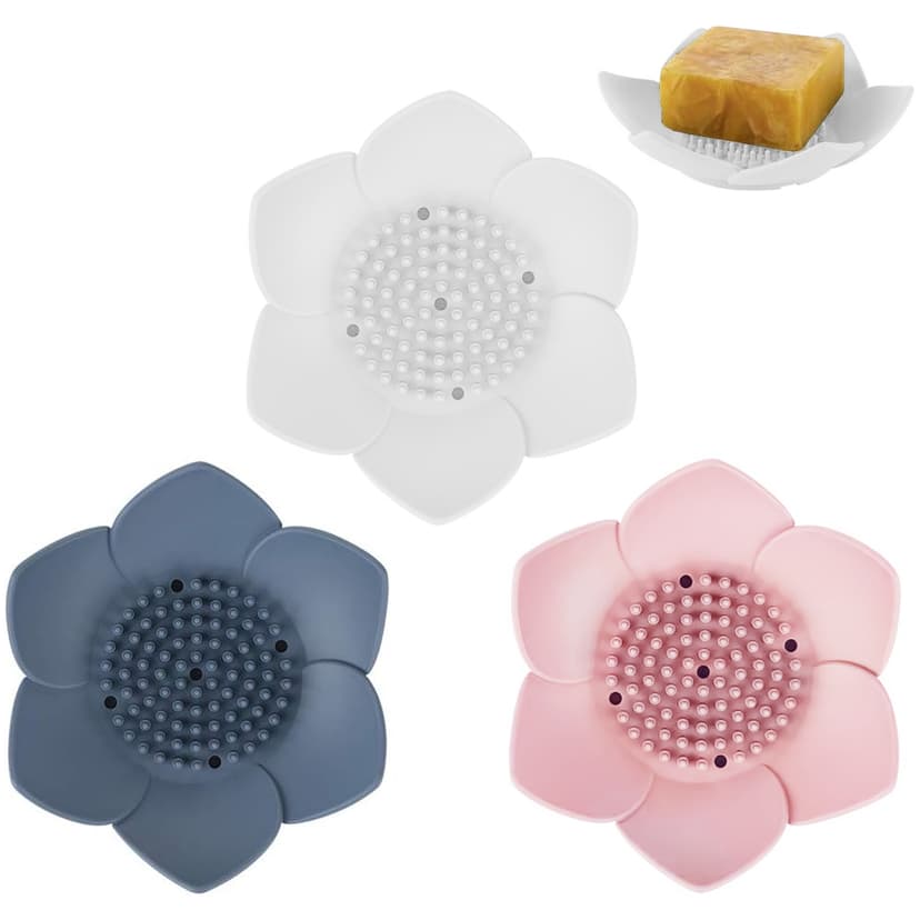 ReignSword 3 Pack Soap Dish, Bar Soap Holder, Bathroom Soap Tray with Drain, Lotus Silicone Soap Holder for Bathroom Shower (Blue, Pink, White)