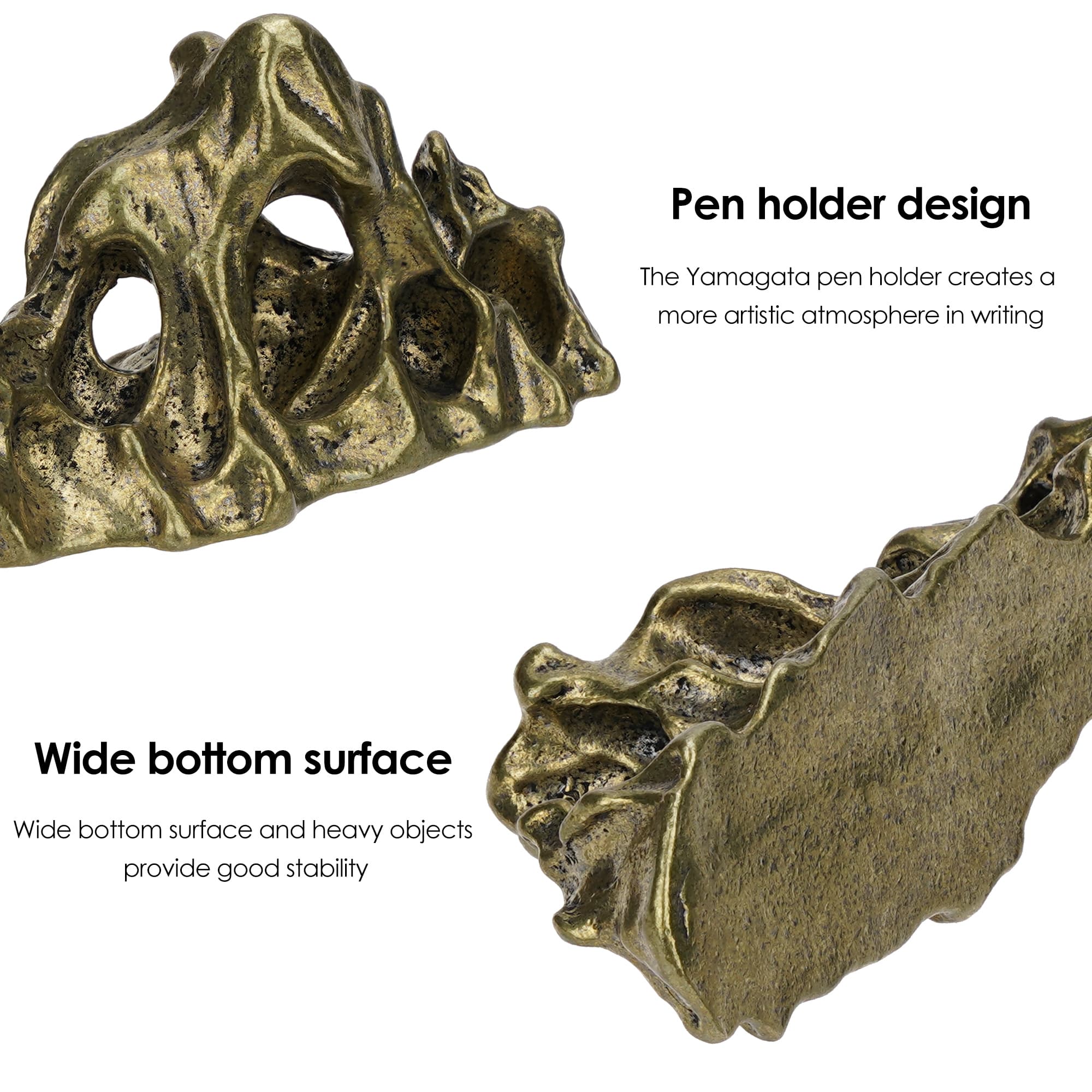 JANKOW Brass-Style Rockery Pen Rest and Paperweight, Metal Desk Pen Holder for Fountain Pens & Calligraphy Brushes, Yellow Gold Finish, 1-Pack - 2