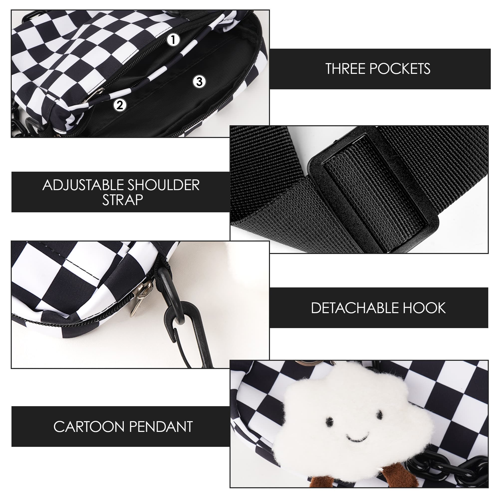 ReignSword Small Crossbody Messenger Bag for Women Men, Cute Nylon Shoulder Purse Bag with Detachable White Cloud Pendant, Checkered - 2