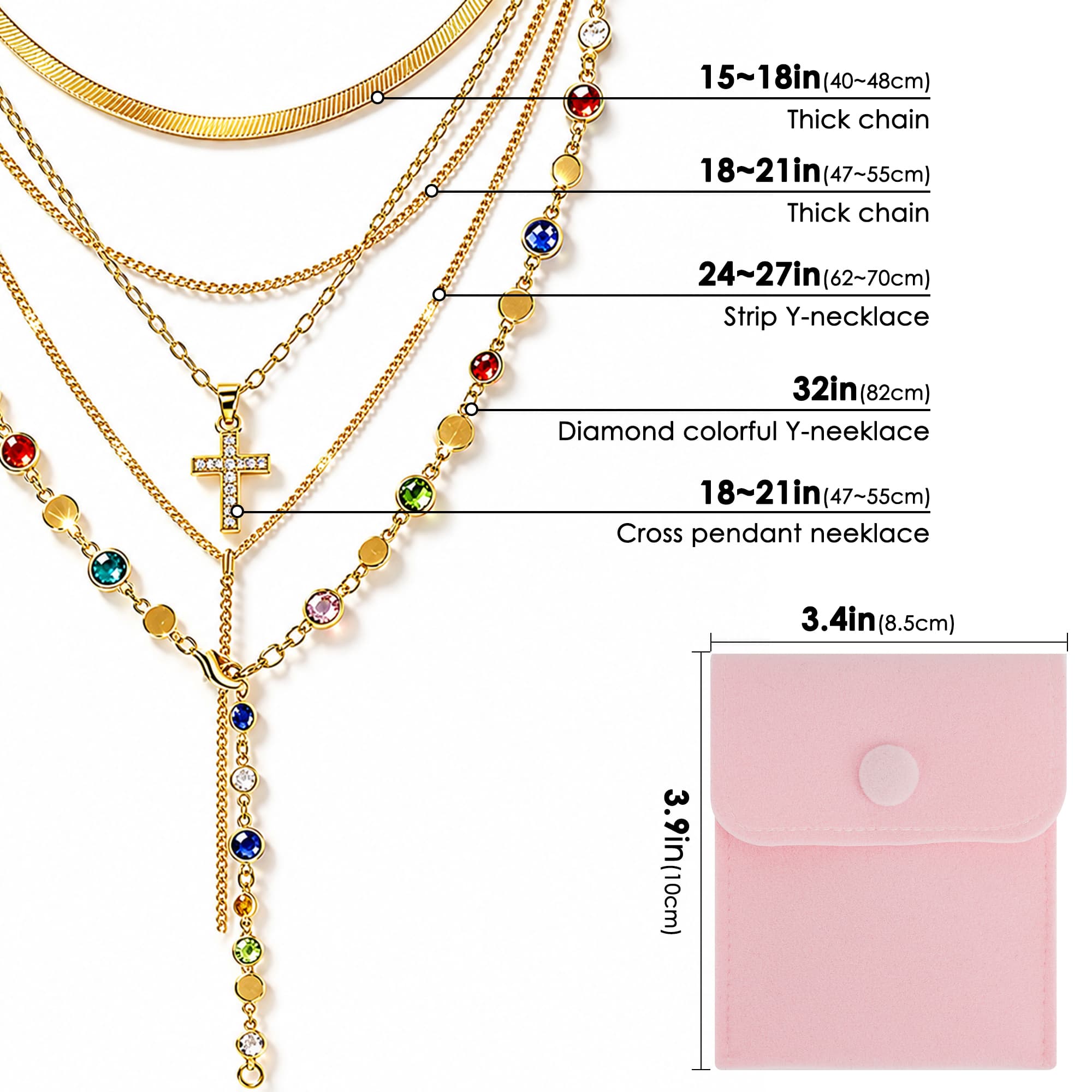 ReignSword Golden Zinc Alloy Cross Necklace, Y-Shaped Bohemian Layered Necklaces for Women, Adjustable Long Jewelry with Pink Velvet Storage Pouch - 2