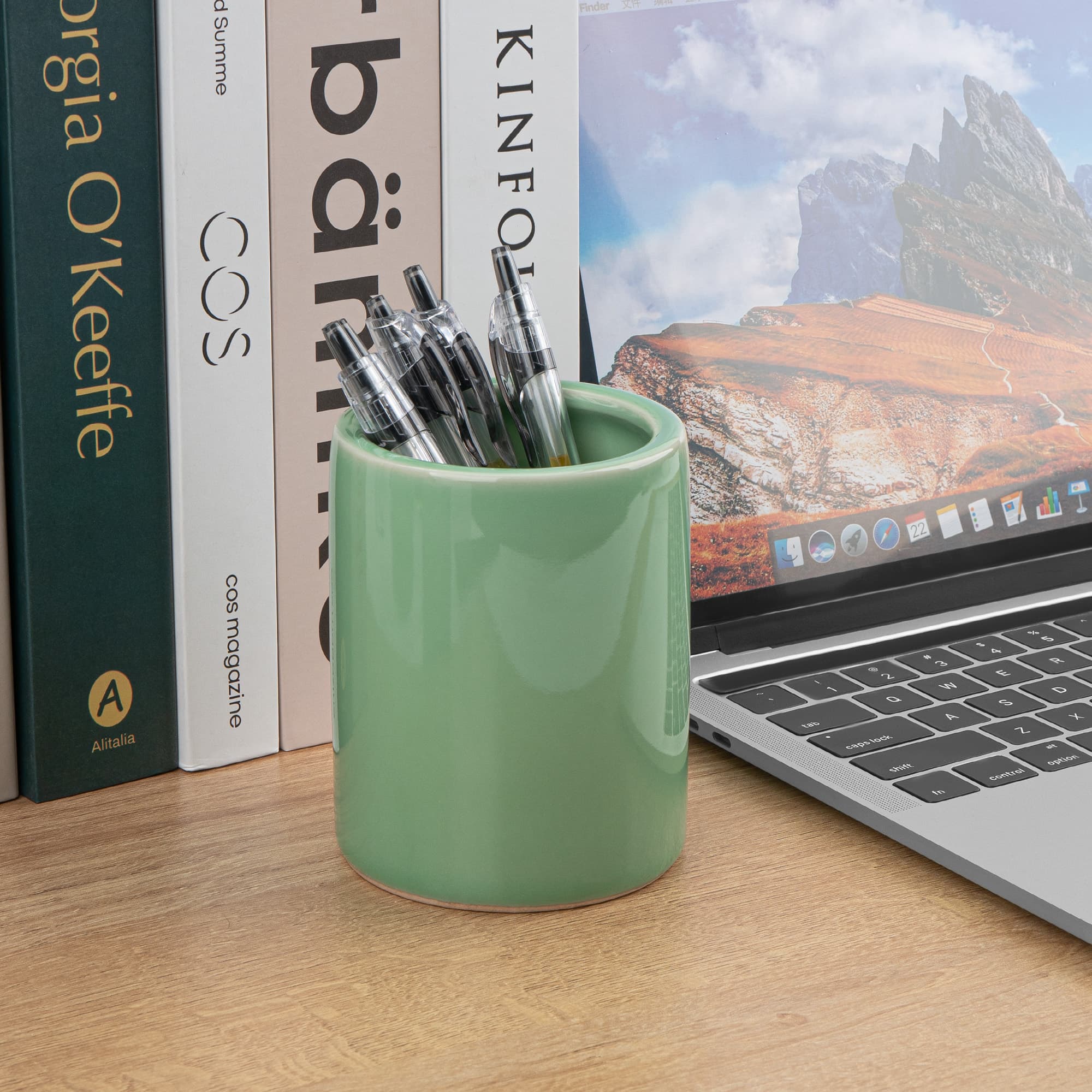 JANKINGS Celadon Ceramic Pencil Holder, Green Porcelain Pen Cup for Desk Organizer, Classic Cylindrical Brush Pot, 1-Pack - 3