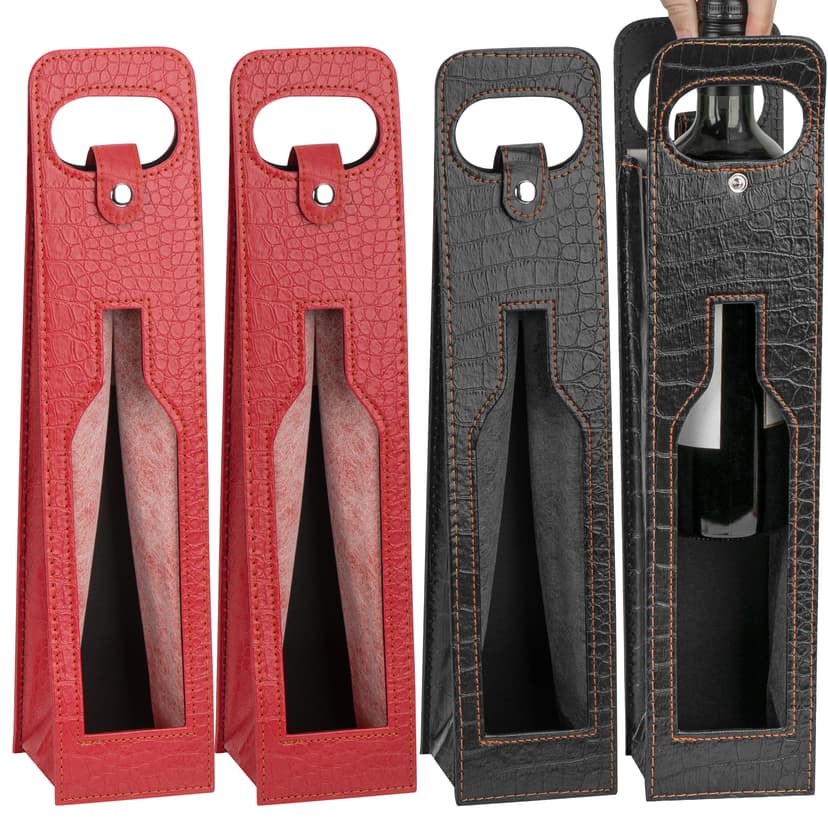 JANKINGS Gift Bags For Wine Bottles, 4Pcs Reusable Leather Wine Tote Carrier With Window, Single Bottle Champagne Gift Bags Carrier for Birthday, Wedding, Party (2 Red+2 Black)