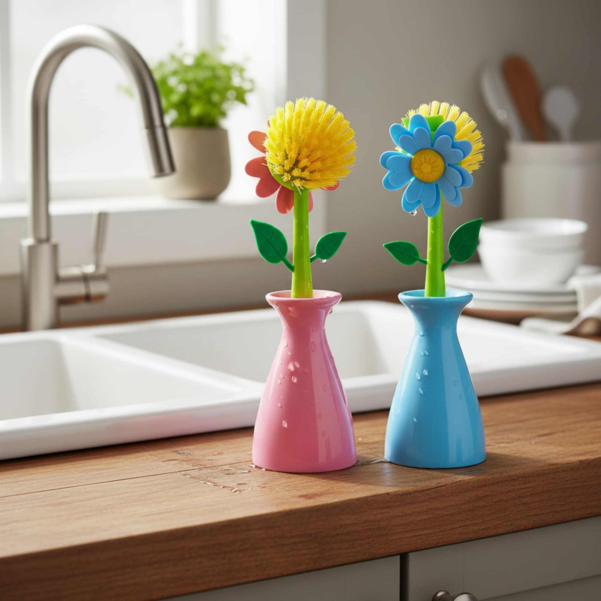 JANKOW Long Handle Flower Pot Brush, Florganic Dish Brush with Vase, Long Handle Dish Brush Kitchen, for Cleaning Pot Pan Sink Kitchen Supplies Decorative Vase (2 Pcs Blue, Pink) - 6