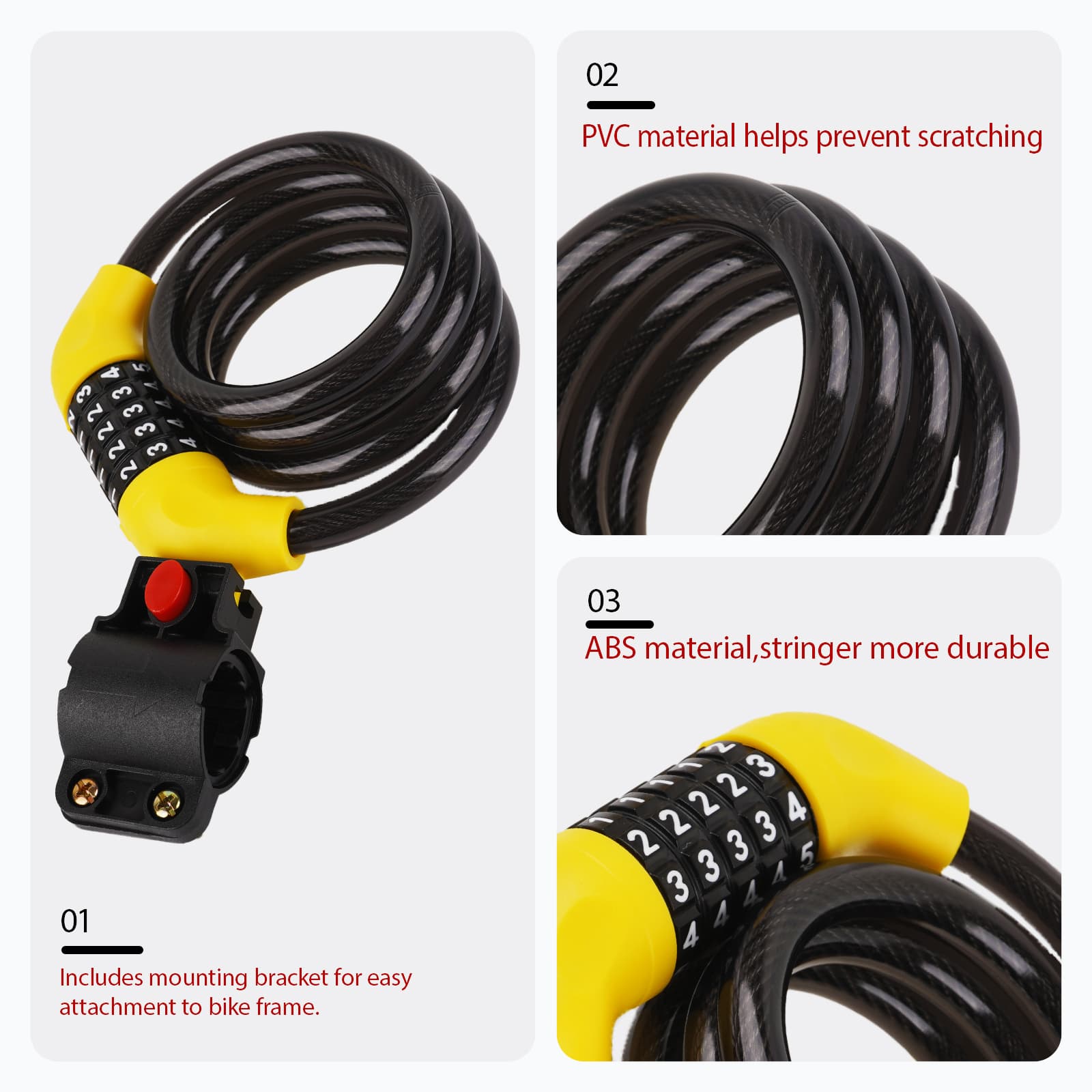 5-Digit Combination Bike Cable Lock, 12mm Heavy Duty Anti-Theft Bicycle Lock with Mounting Bracket, Resettable Security Lock, Weatherproof Zinc Alloy Cylinder for Bike, Scooter, Motorcycle - 4