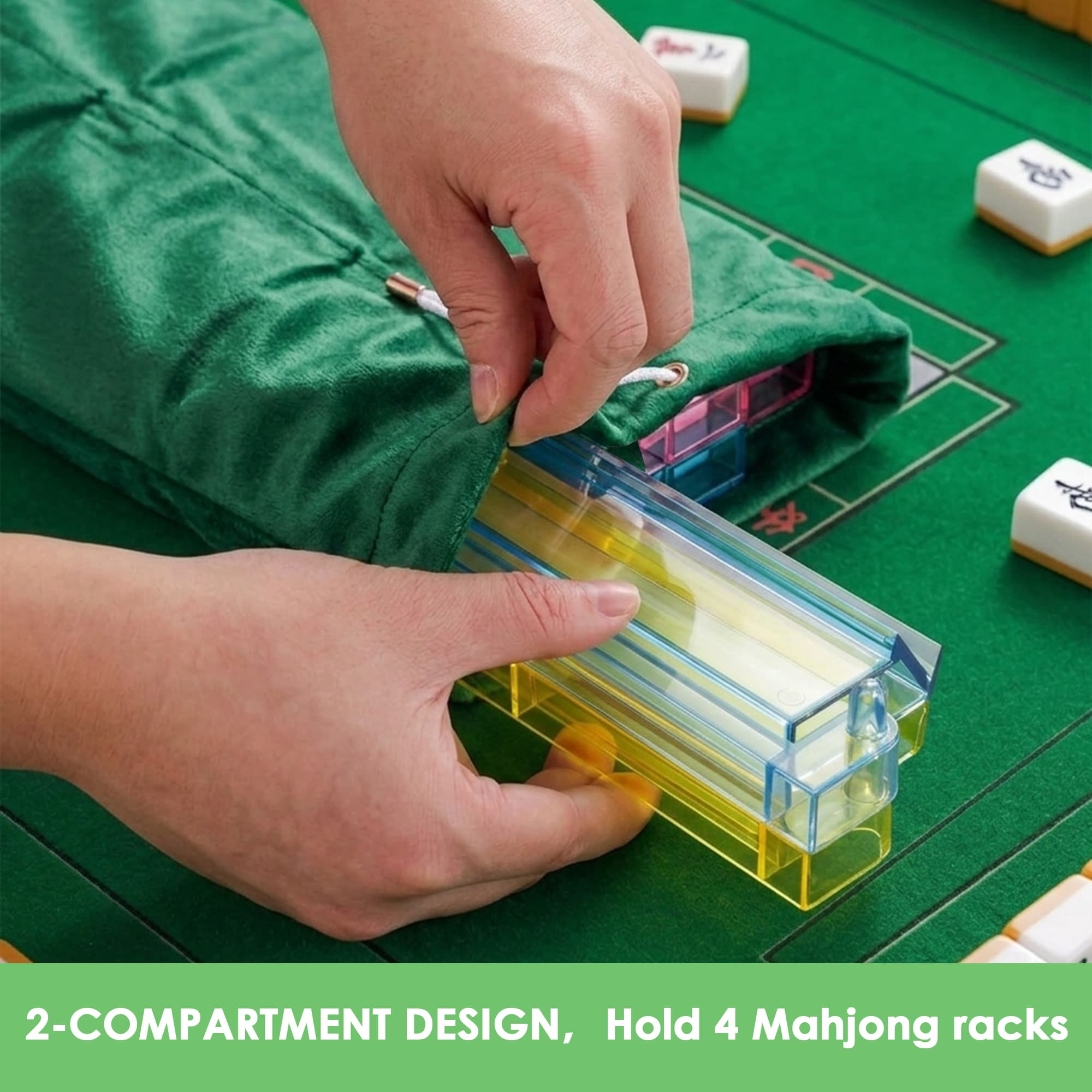 ReignSword Velvet Mahjong Rack Storage Bag, 22x9.5 Inch Drawstring Pouch, 2-Compartment Organizer for 4 Mahjong Racks & Pushers, Protective Holder for Mah Jongg Accessory (Green) - 4