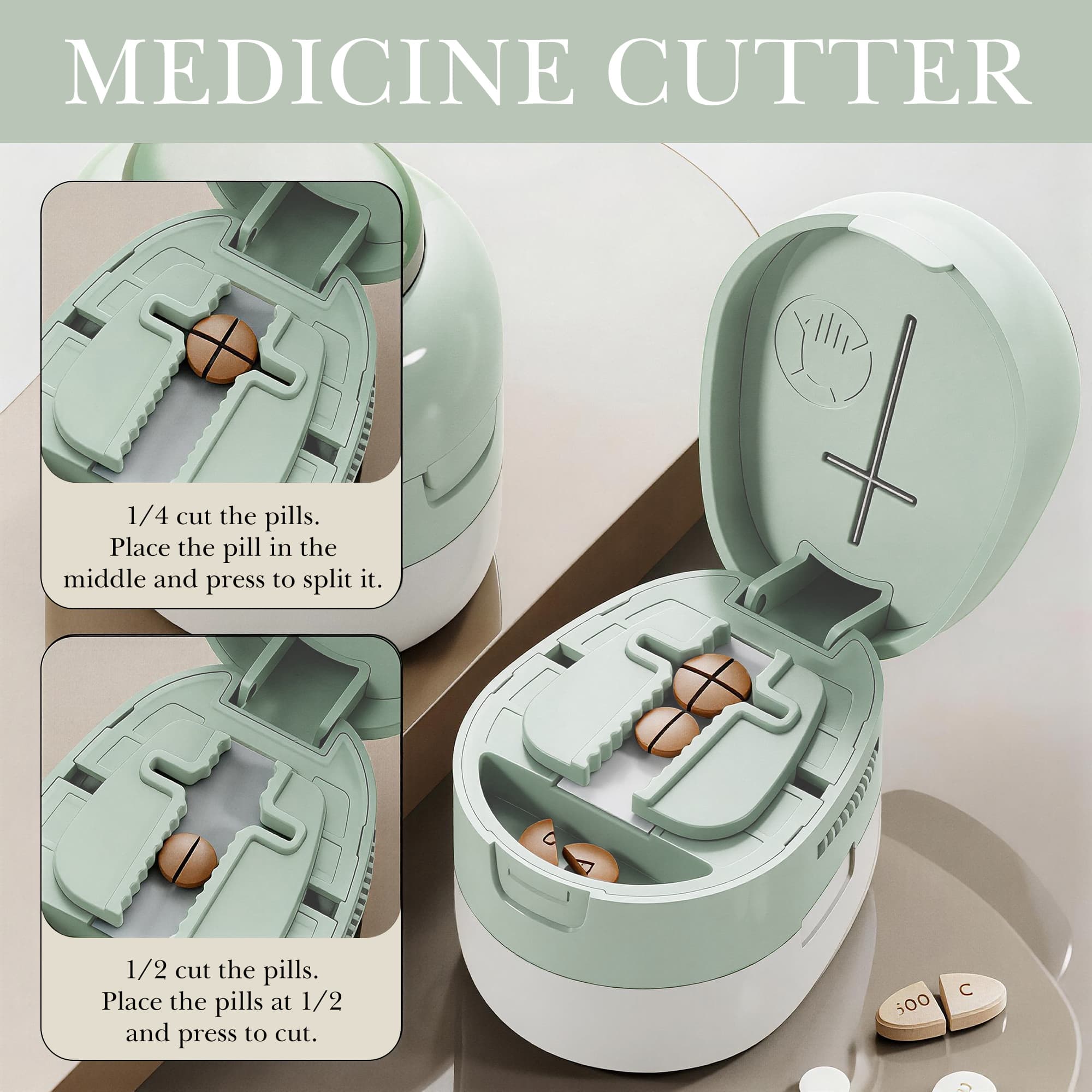ReignSword 2-in-1 Pill Cutter with Medicine Box, 1/2 1/4 Adjustable Pill Crusher for Small, Large, and Tiny Pills, Travel Medicine Pills Splitter for Elderly & Pet (Matcha Green) - 3