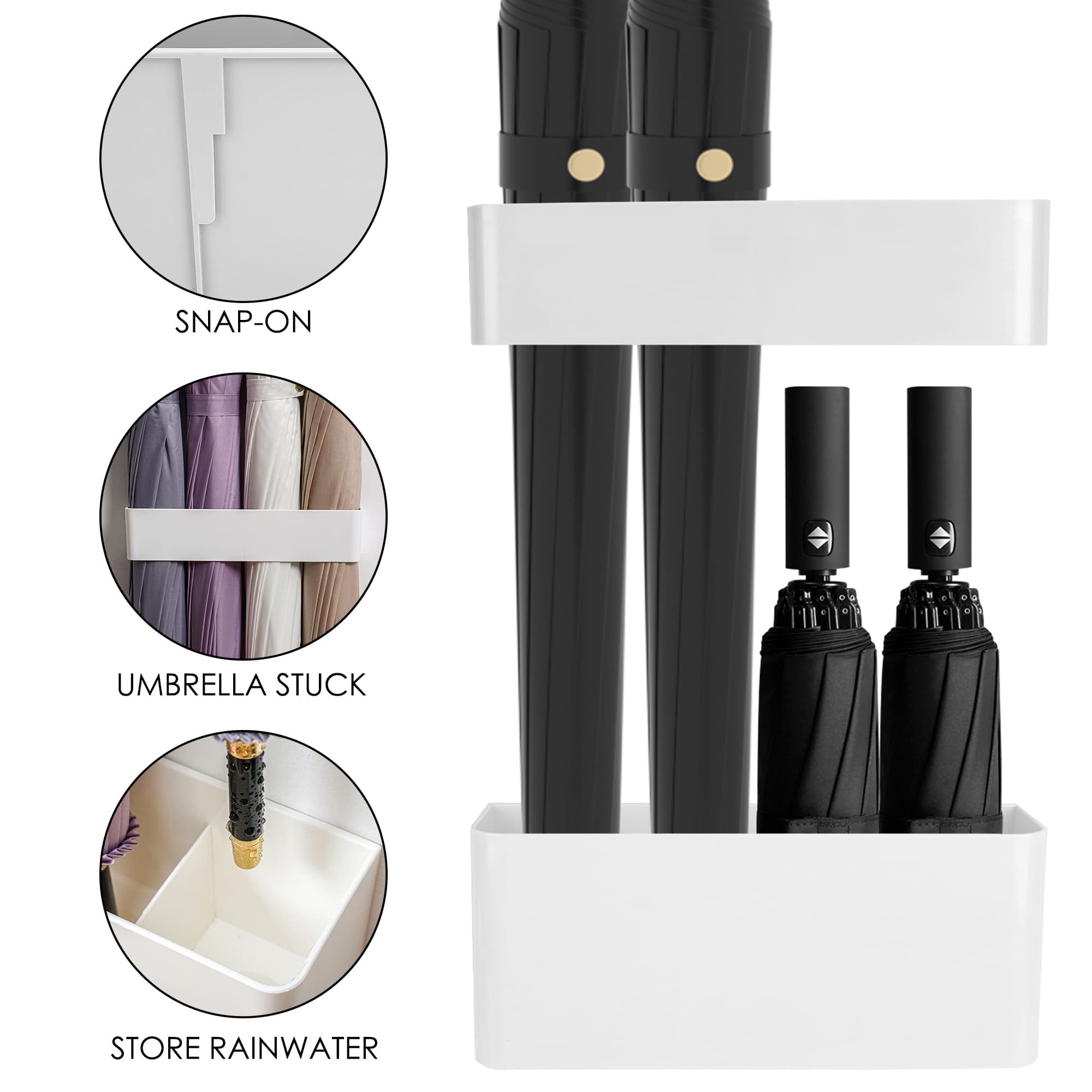 ReignSword Umbrella Holder for Indoor Holder, Wall Mounted Umbrella Stand with Drip Tray, Space Saving Umbrella Organize Rack (White) - 3