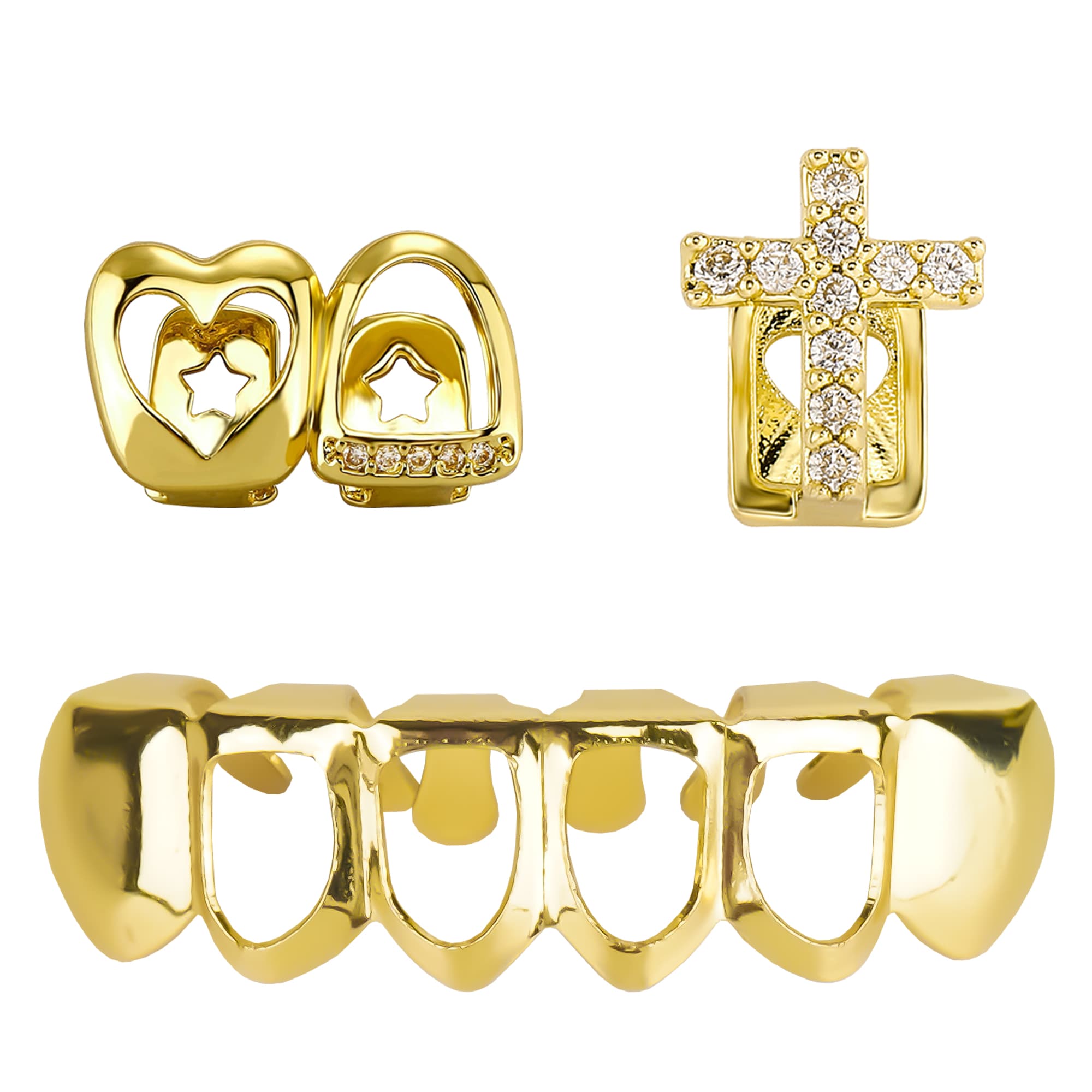 ReignSword 3 Pcs Gold Teeth Grillz Set for Women Men, Heart Cross Star & Plain Hollow CZ Grill Caps, Adjustable Custom Fit, Hip Hop Jewelry for Parties, Halloween & Daily Wear - 1