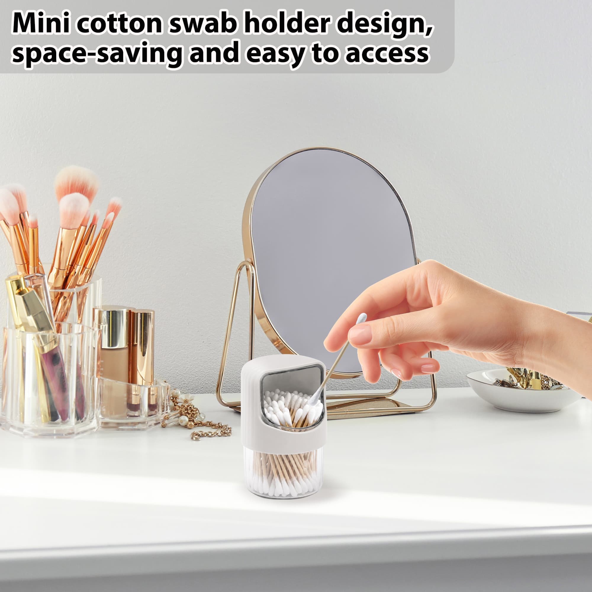 ReignSword 2 Pack Qtip Holder Dispenser with Rotating Lid, Clear Cotton Swab Holder Plastic Container, Bathroom Jar Organizer for Cotton Swabs, Balls, Pads, Dental Floss (Off-White & Light Gray) - 6