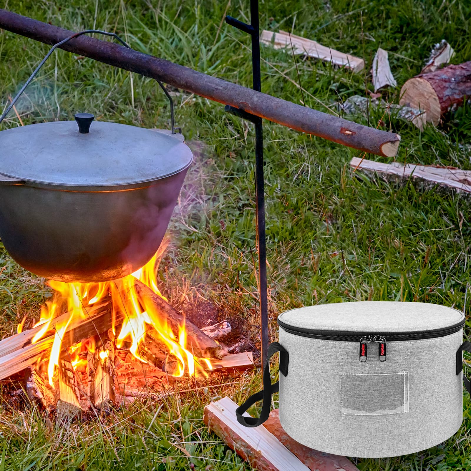 Kingshion 10in Dutch Oven Carry Bag, Dutch Oven Tote Round Casserole Carrier for Camping Picnic and 4 Quart Pre-Seasoned Cast Iron Camp Oven - Light gray - 4