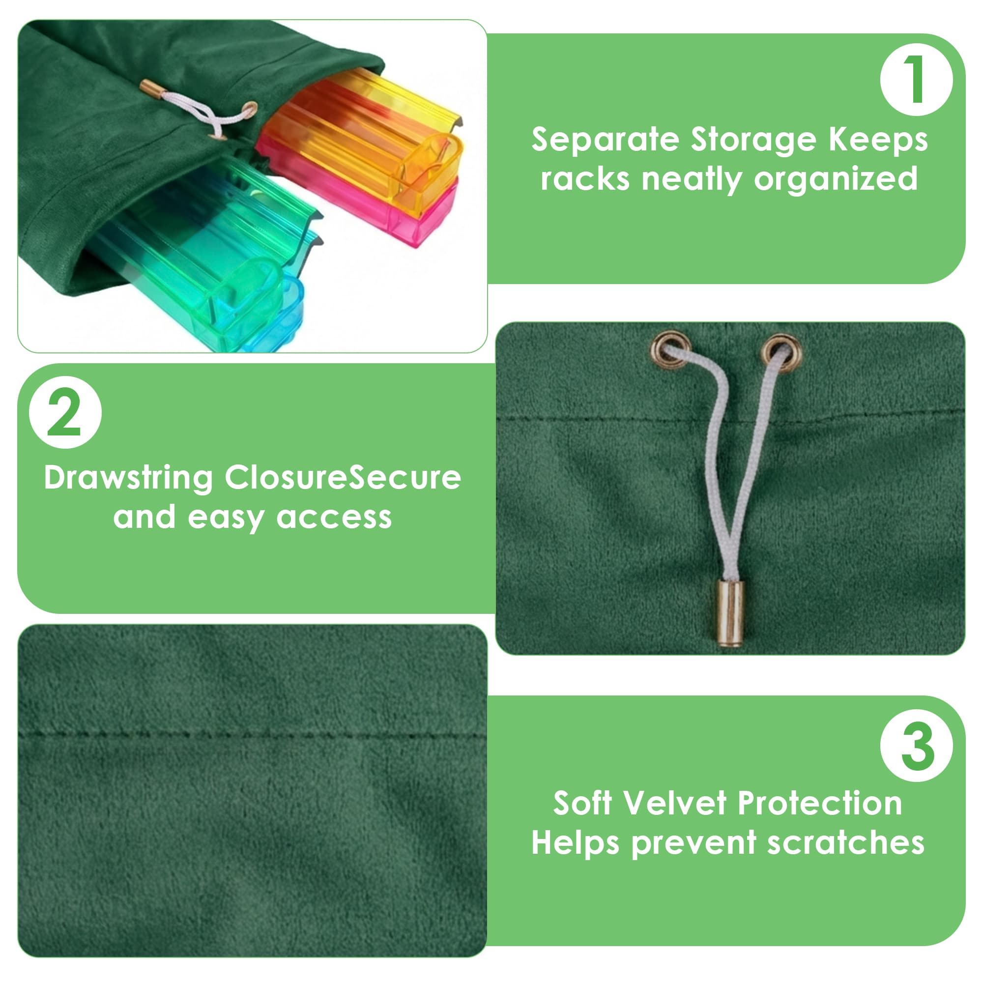 ReignSword Velvet Mahjong Rack Storage Bag, 22x9.5 Inch Drawstring Pouch, 2-Compartment Organizer for 4 Mahjong Racks & Pushers, Protective Holder for Mah Jongg Accessory (Green) - 3